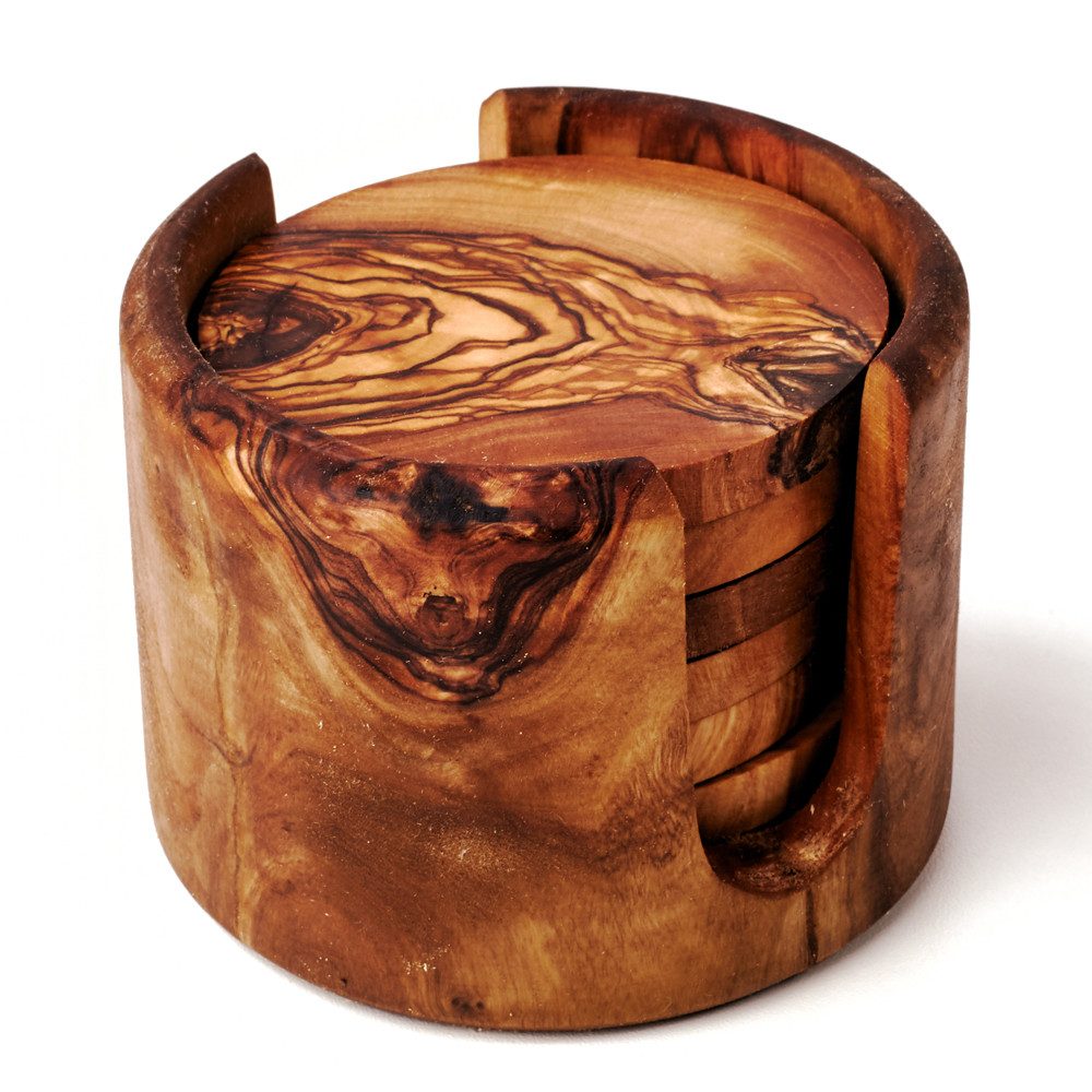 dasOlivenholzbrett Getränkeuntersetzer Untersetzerset 6-teilig aus Olivenholz mit Halter, rund