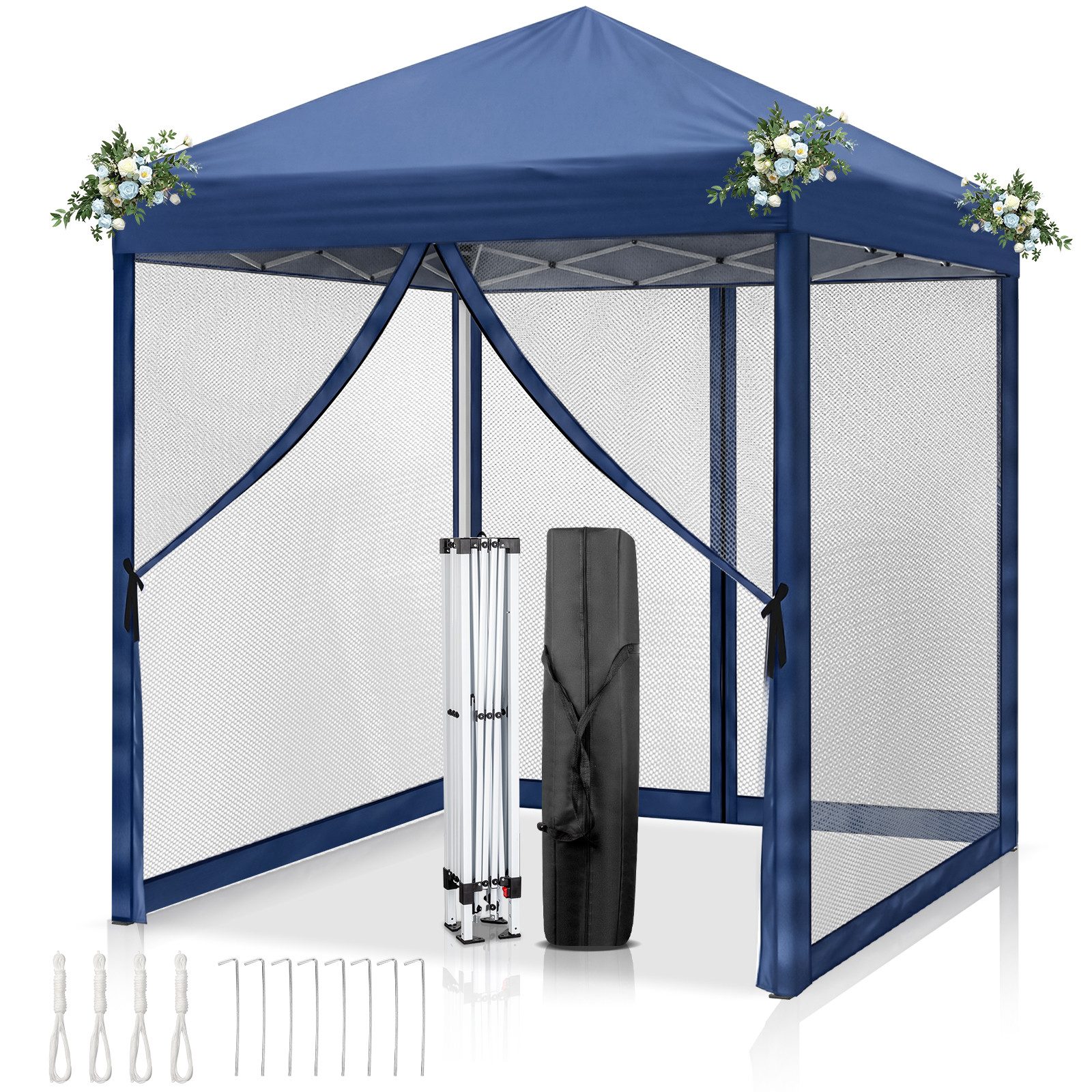 LALAHO Faltpavillon Partyzelt Pop Up Pavillon 2x2m, mit 4 Netzvorhängen, UV-Schutz, mit 4 Seitenteilen, Gartenpavillon höhenverstellbar,mit Tragetasche,für Garten