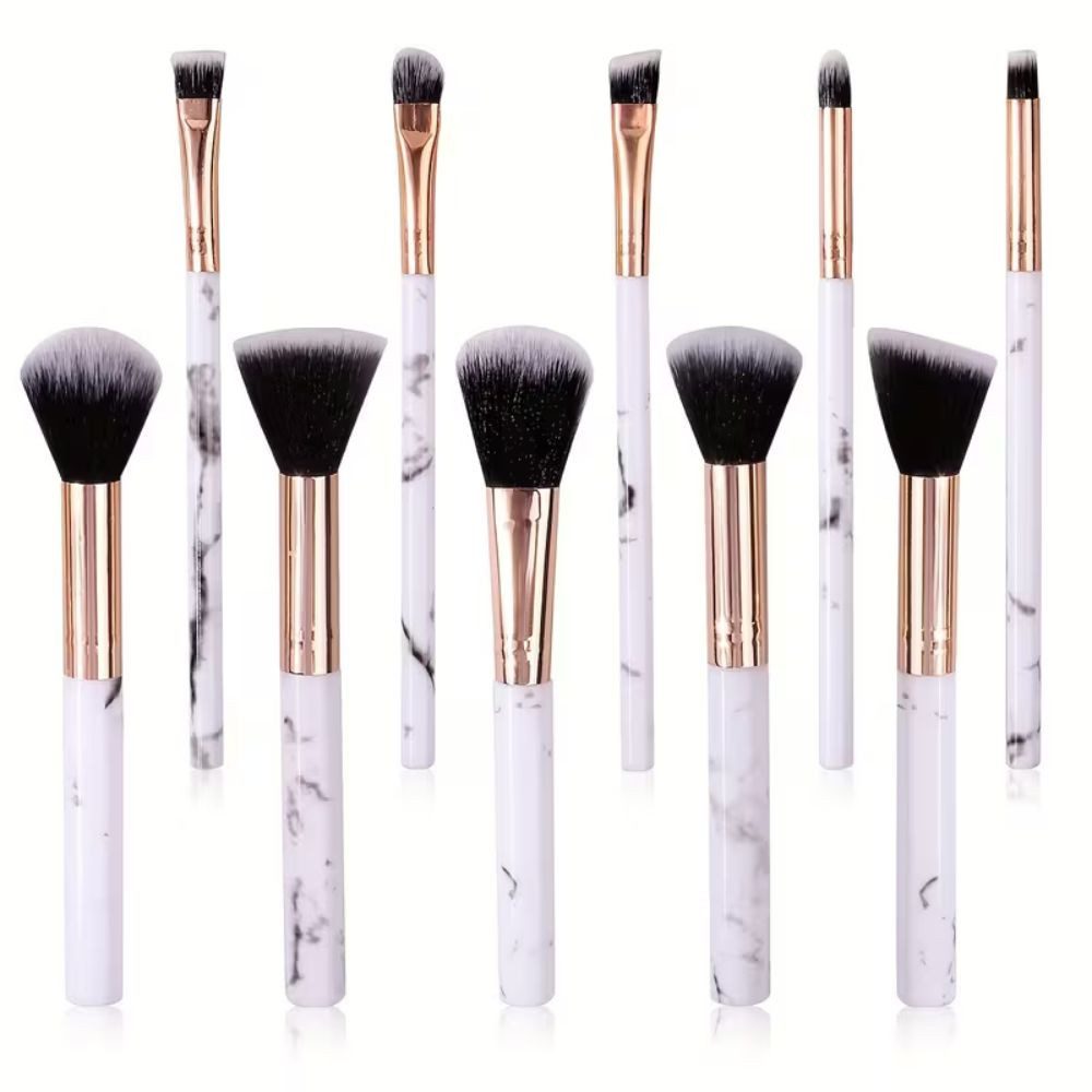 Montegoni Make-up Set 10x Make up weiche Pinsel Set Pink Marble Foundation Puder Kosmetik, 10 Stück Kosmetikpinsel Set, Weiche Borsten langlebig formstabil präzise Anwendung modernes Design von Montegoni
