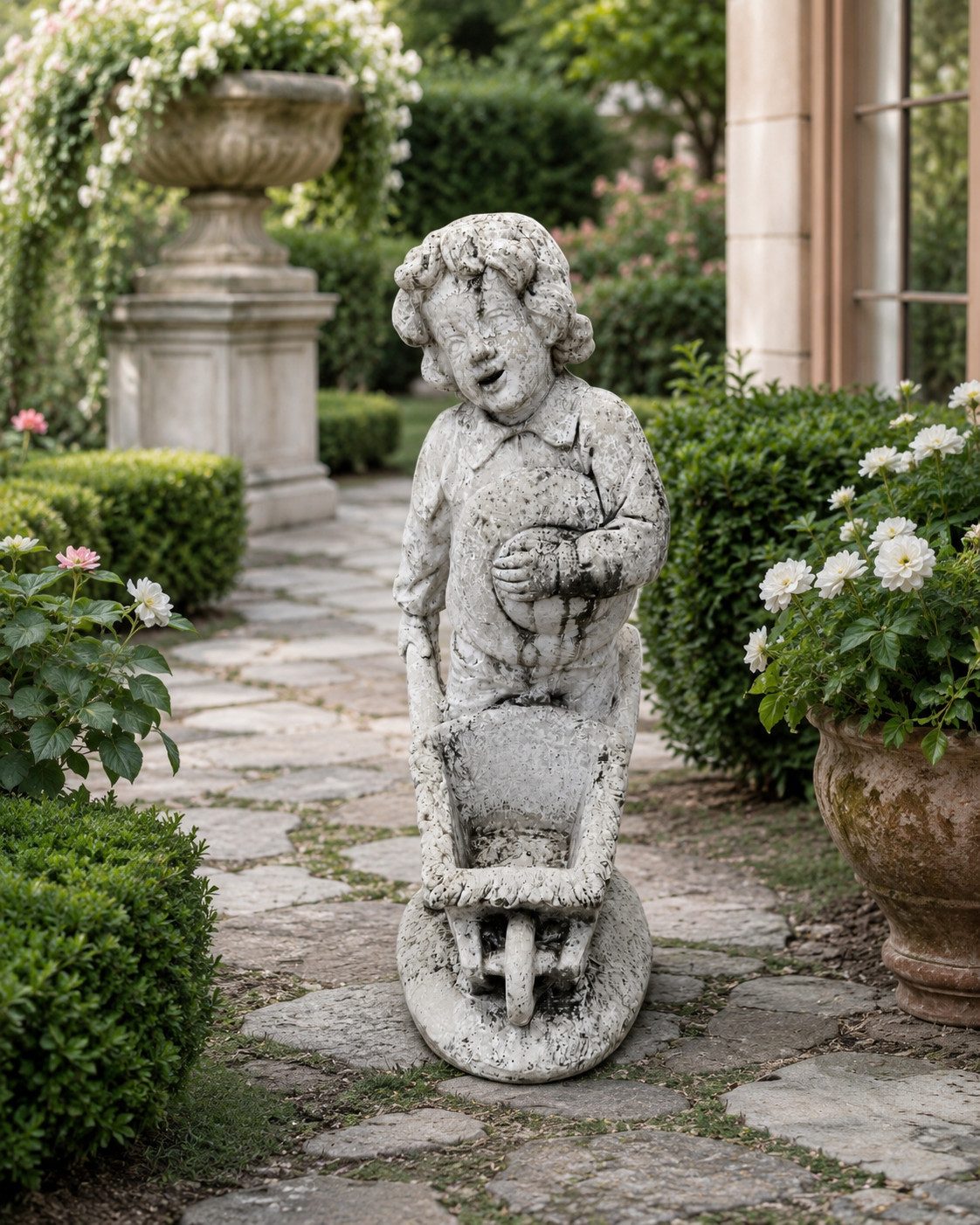 Xlmoebel Dekofigur Kind mit Schubkarre Vintage Steinoptik Gartenfigur Sofort (Einzelset, 1 St., 1-teilig), Hergestellt in Europa