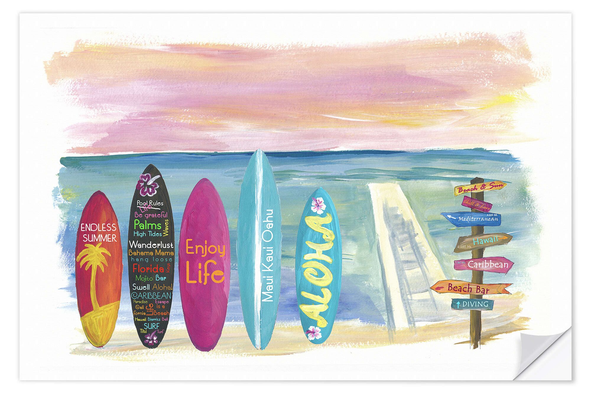 Posterlounge Wandfolie M. Bleichner, Surfboards am Meer, Badezimmer Maritim Malerei