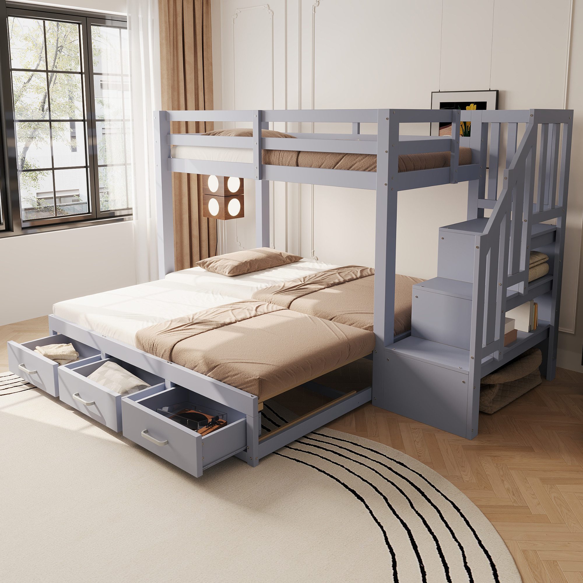 OKWISH Etagenbett Kinderbett Funktionsbett (mit Stauraumleiter & Schubladen, Ausziehbettfunktion und Lattenrost, Gästebett 90/180 x 200 cm), ohne Matratze