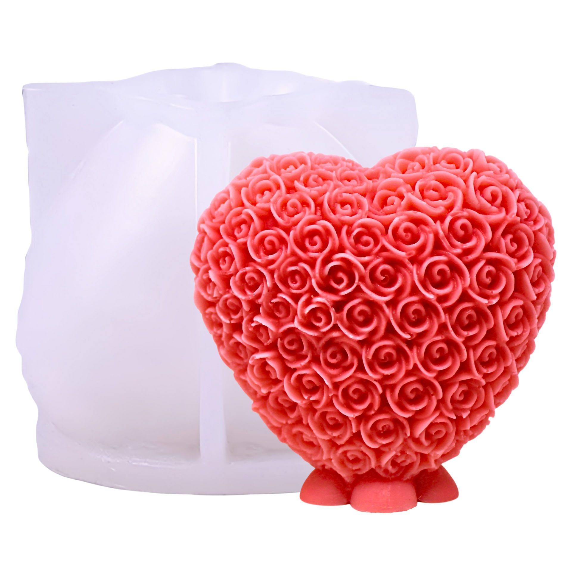 DistrEbution Silikonform Rosenherz – Herz aus Rosenblüten, flexible Silikonform für romantische Kerzen, Valentinstag Kerzenform