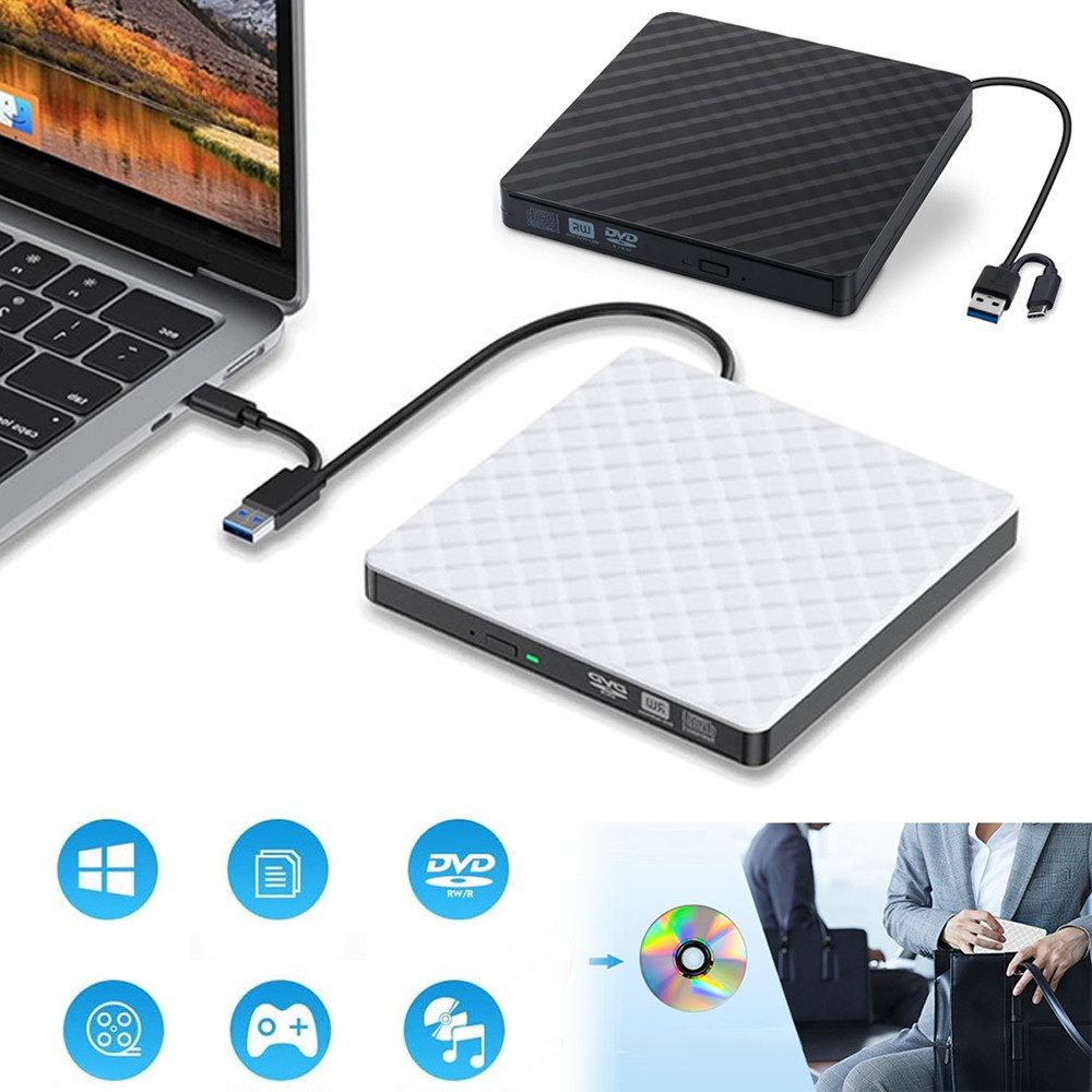 PRIISF Externe CD DVD RW Laufwerk USB 3.0 Typ-C, für alle PC/Desktop Portable CD-Brenner (USB 3.0, Typ-C, DVD 8x/CD 6x, USB Anschlüsse DVD-Brenner Kompatibel mit Windows Mac OS,Plug and Play)