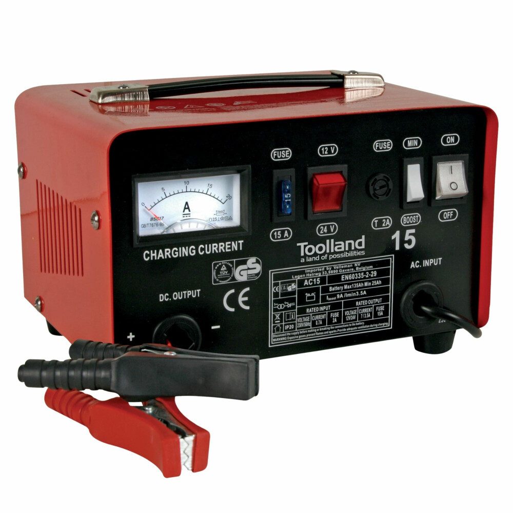 Toolland Tragbares einphasiges Ladegerät für 12/24V Blei-Säure-Akkus. Starthilfekabel