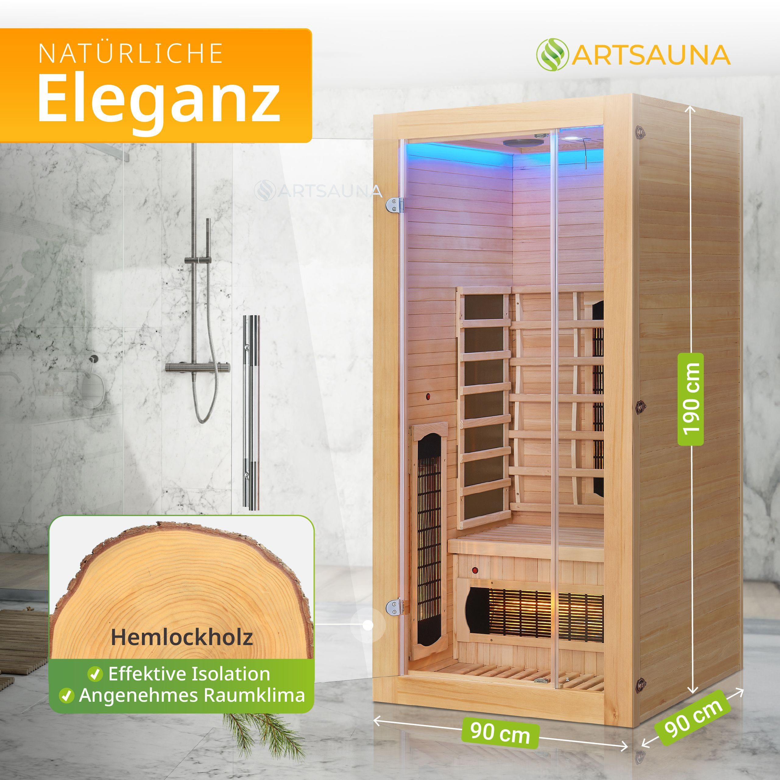 Artsauna Infrarotkabine Kiruna90 Dual Technologie, BxTxH: 90 x 90 x 190 cm, für 1 Personen, Hemlockholz, HiFi-System, Bluetooth, LED-Farblicht