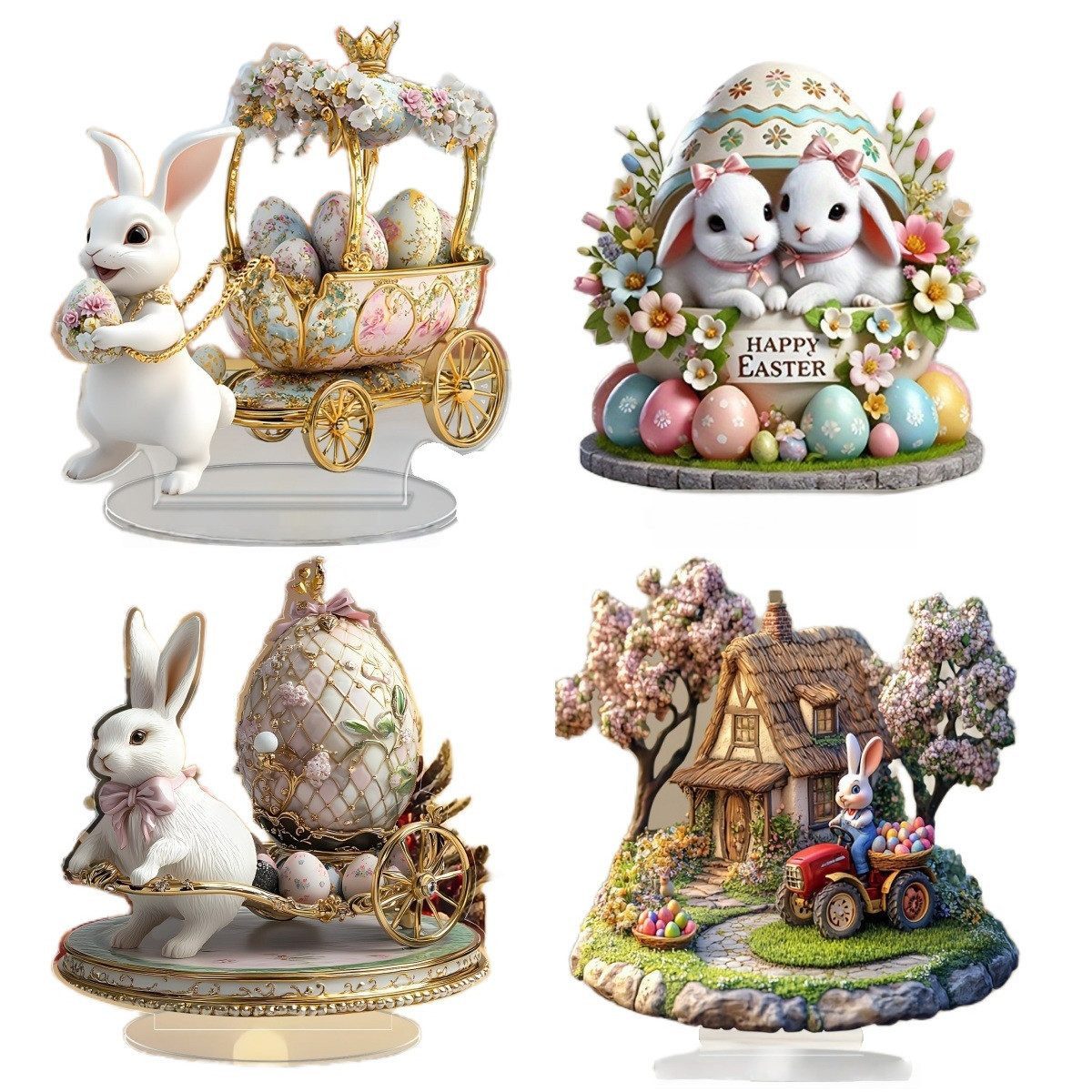 FOUORTUNATE-BEE Dekofigur Acryl Osterdeko Hasen & Eier – Flache Tischdekoration (4 St), Moderne Osterfiguren aus Acryl für Tisch & Wohnzimmer