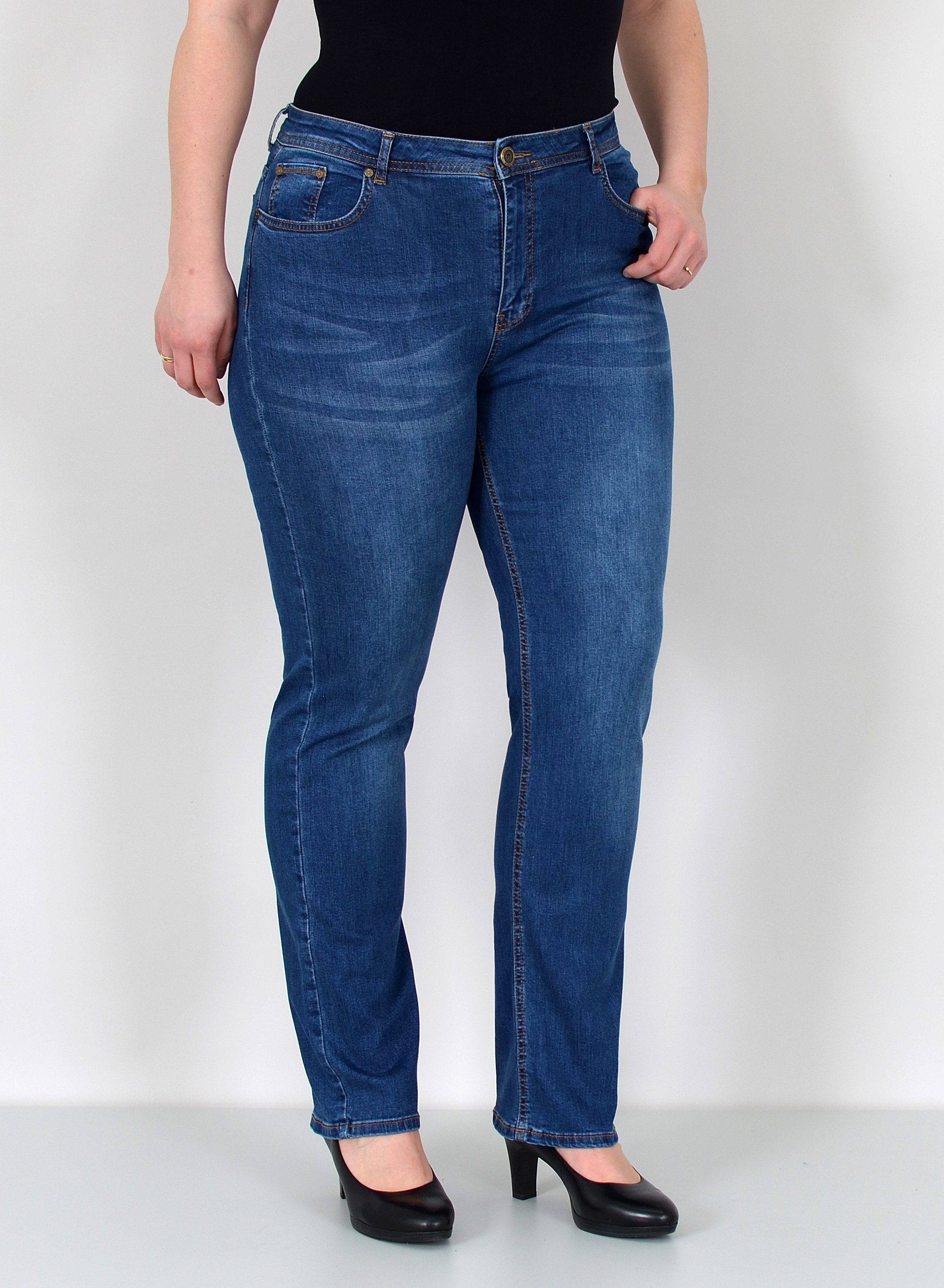 ESRA Straight-Jeans Damen Jeanshose Gerader Schnitt Stretch Hose hoher Bund bis Plus Size Straight Jeans Damen High Waist Hose Stretch Jeans Regular Übergröße