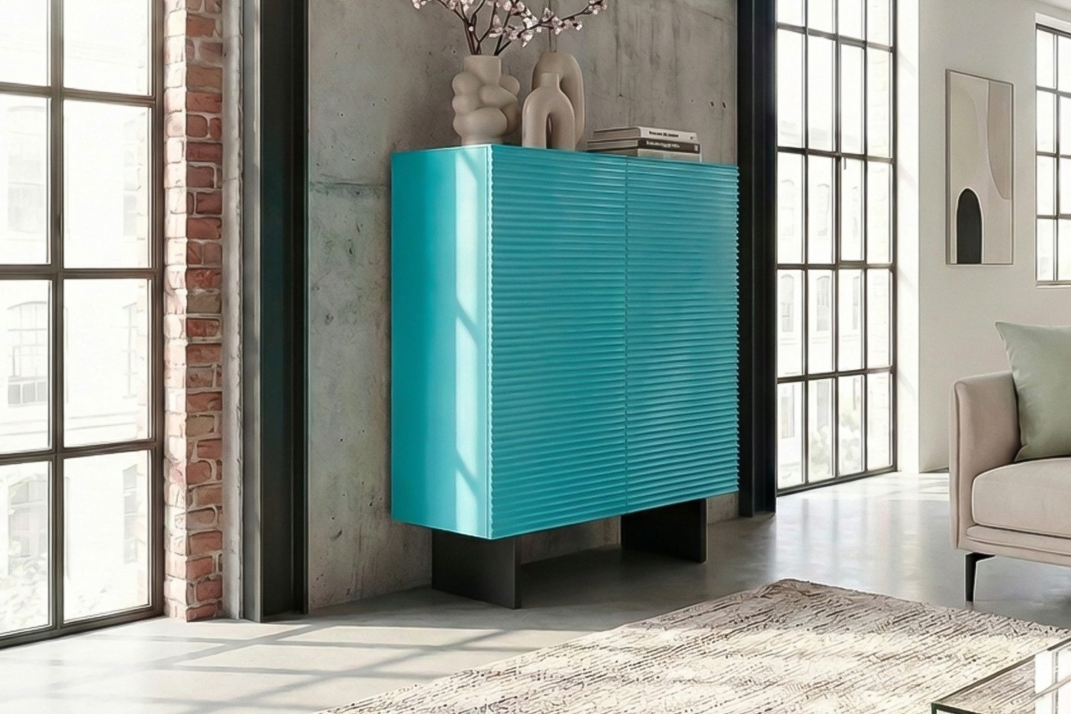 KAWOLA Highboard LYNN moderne Kommode, viel Stauraum, 2 Türen lackiert petrol, Einlegeböden verstellbar