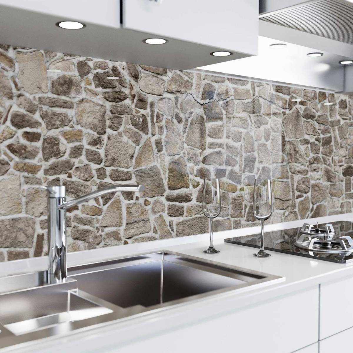 danario Küchenrückwand selbstklebend - Glasoptik - Spritzschutz Küche - versteifte PET Folie Steinmauer