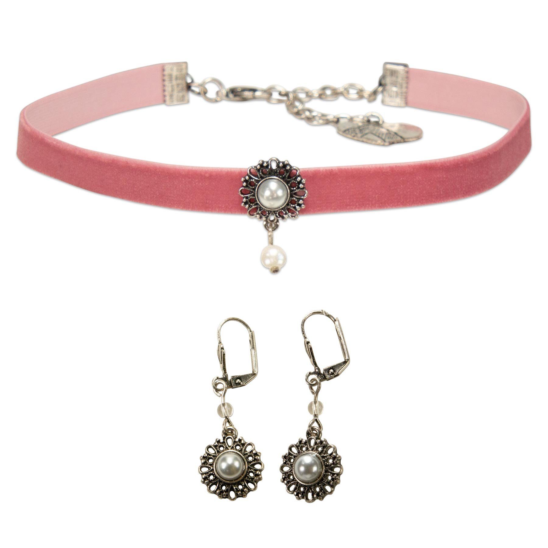 Alpenflüstern Ketten-Set Trachtenschmuck-Set Trachten-Samt-Kropfband und Ohrhänger Helena (rosa-ros), - Damen-Trachten-Schmuck, Trachtenset Trachtenkette und Trachten-Ohrringe