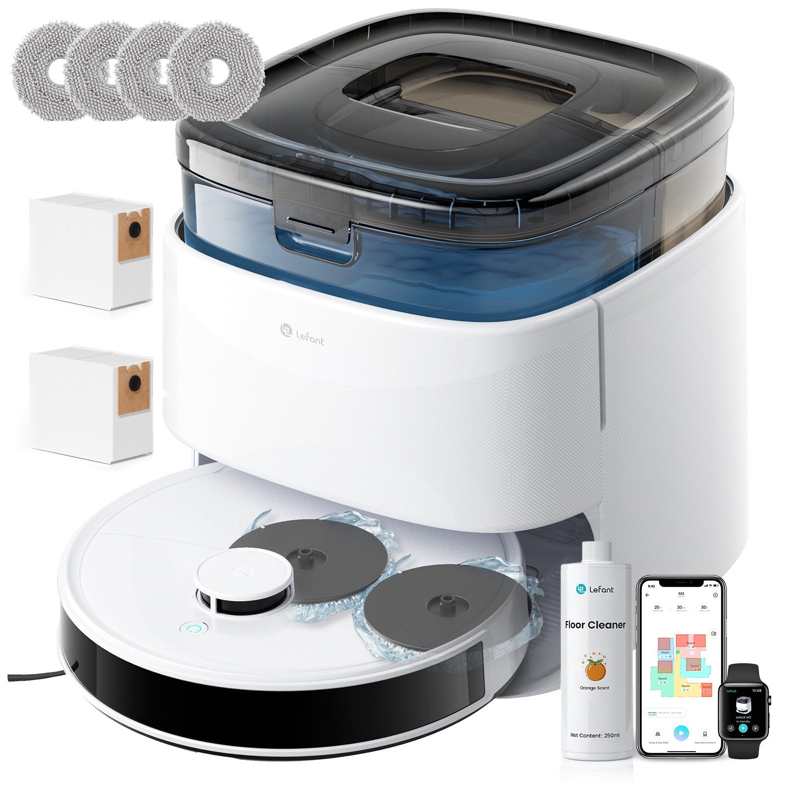 Lefant Saugroboter M3 Gen2 Weiß Saugroboter mit Wischfunktion Selbstreinigend, 60 W, mit Beutel, Selbstreinigend, Doppelschleuder-Mopps, V-förmige Doppelbürste, 220Min