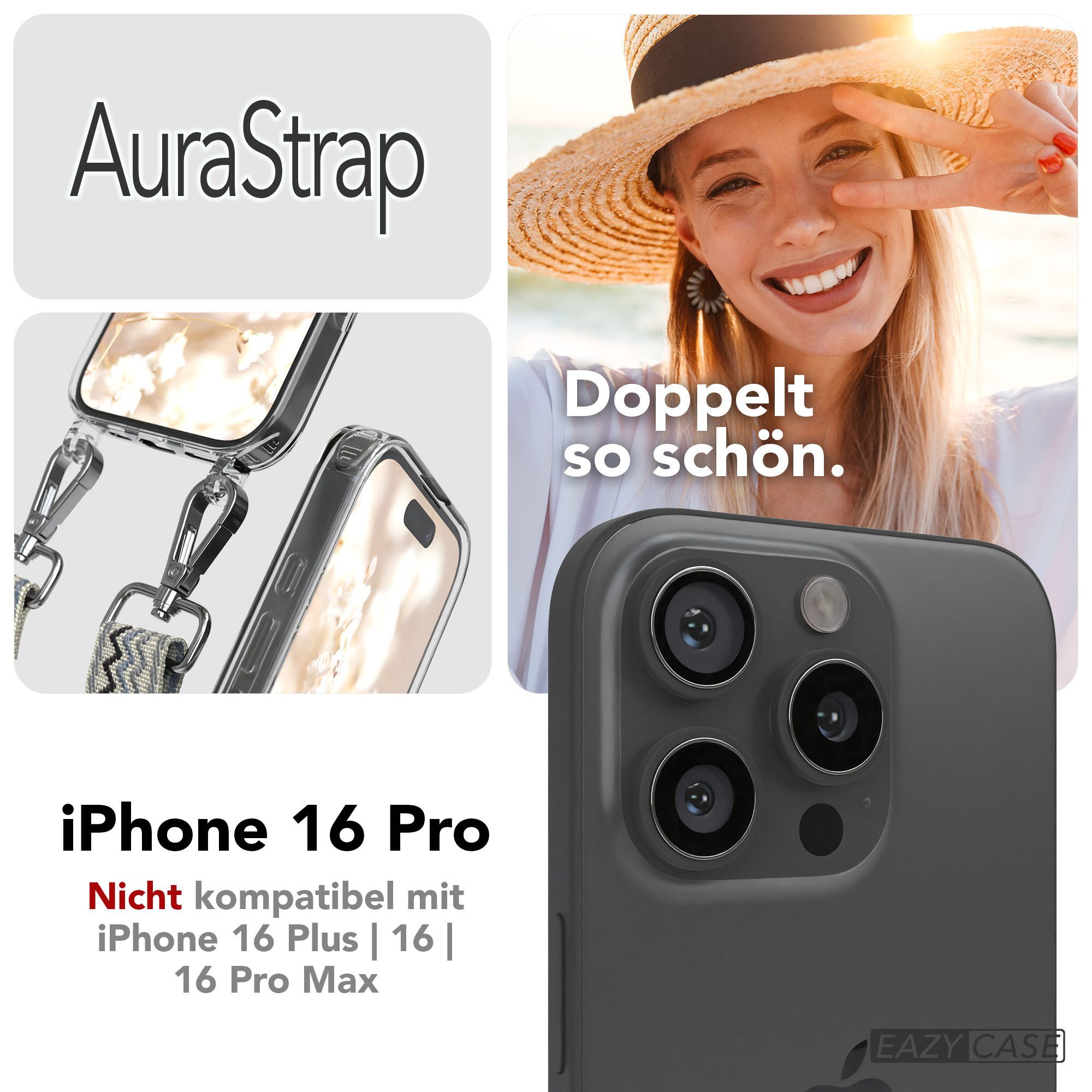 EAZY CASE Handykette Umhängeband MagSafe Hülle für Apple iPhone 16 Pro 6,3 Zoll, Body Bag Riemchen Wechselband Wave Ersatzgurt klare Hülle MagSafe Blau