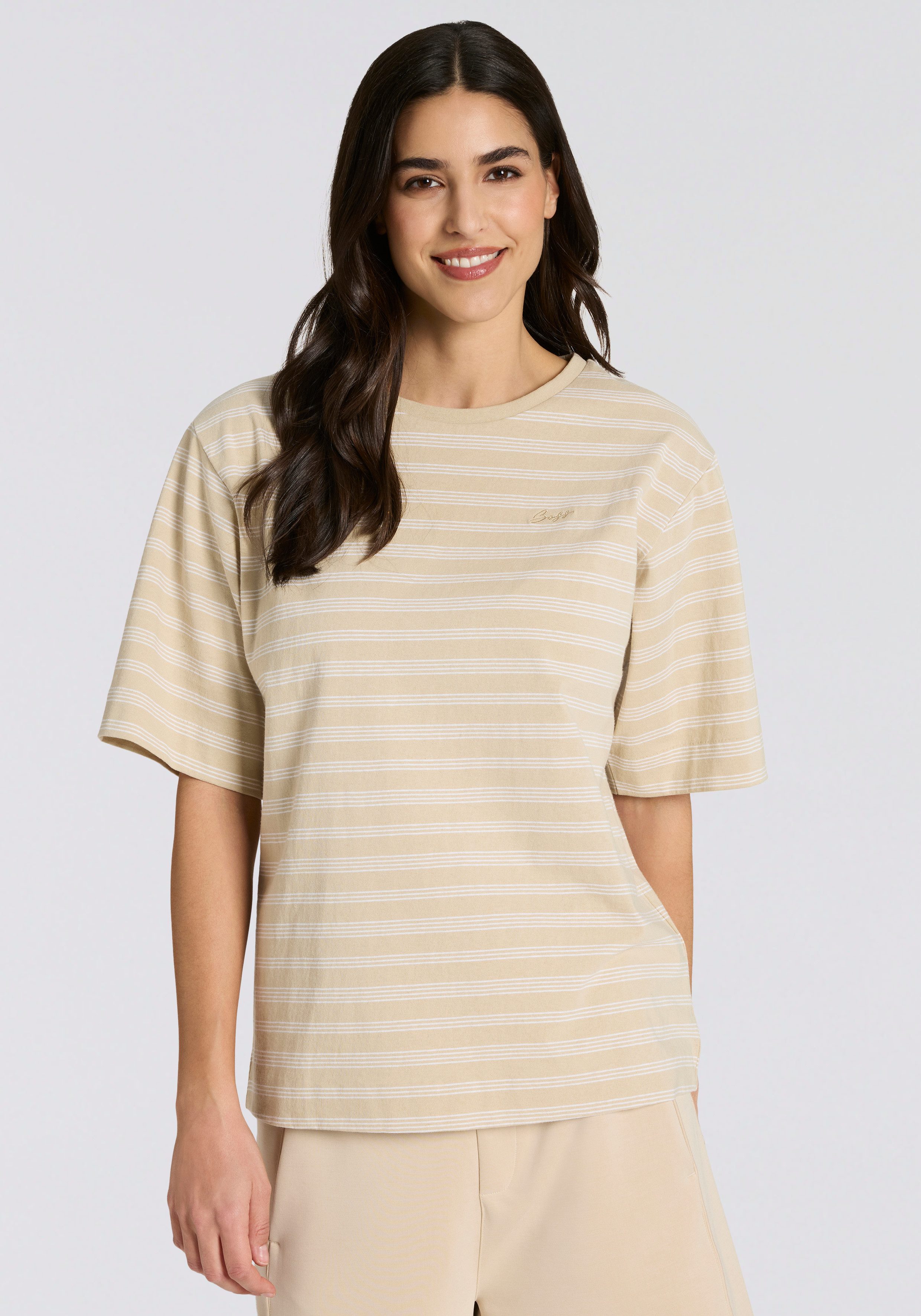 BOSS ORANGE T-Shirt Eregular Stripe Premium Damenmode Relaxed Fit, reine Baumwolle