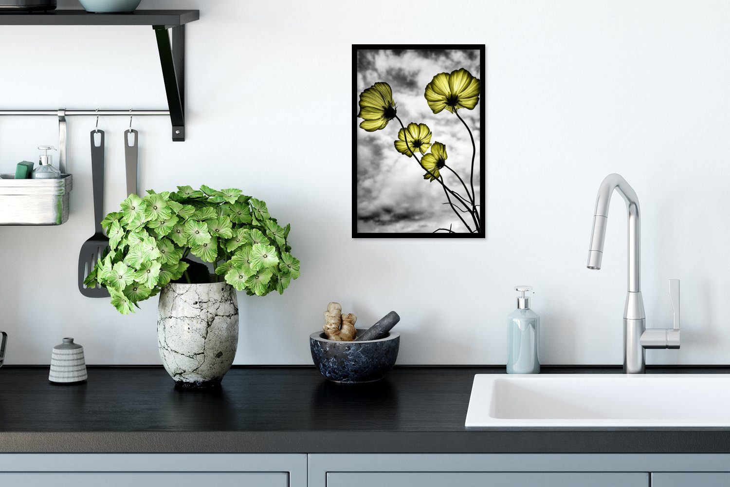 Wanddeko, Bilderrahmen Poster, Schwarz Wandposter, Gelb, - - Schwarzem Poster Weiß Blumen Gerahmtes - St), (1 Bilder, MuchoWow