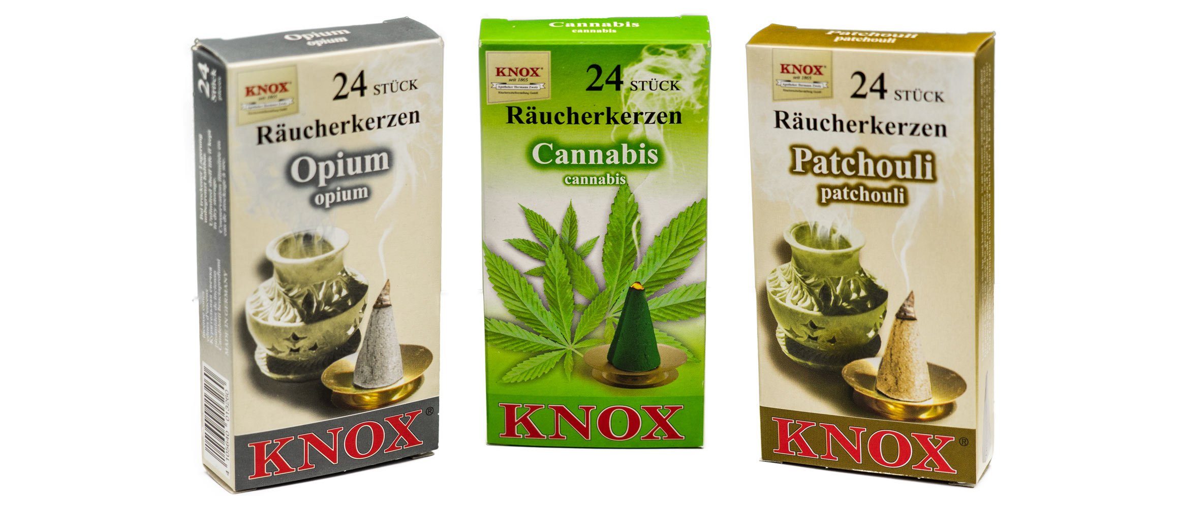 KNOX Duftkerze 3er Set: Opium, Cannabis & Patschuli, 24 Räucherkerzen pro Packung - Made in Germany