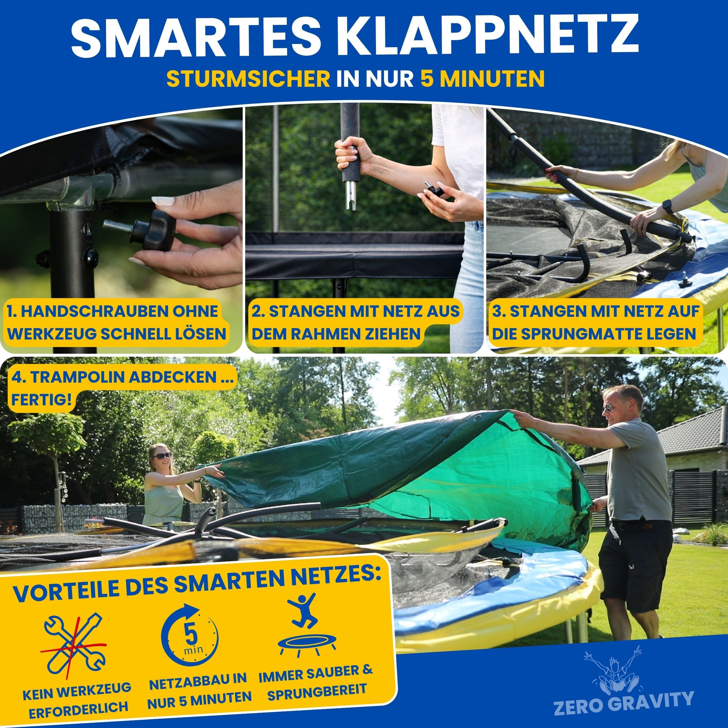 Zero Gravity Gartentrampolin Trampolin Outdoor Ø183/244/305/366/427cm mit smartem Klappnetz, Ø 183 cm, TÜV GS geprüfte Sicherheit