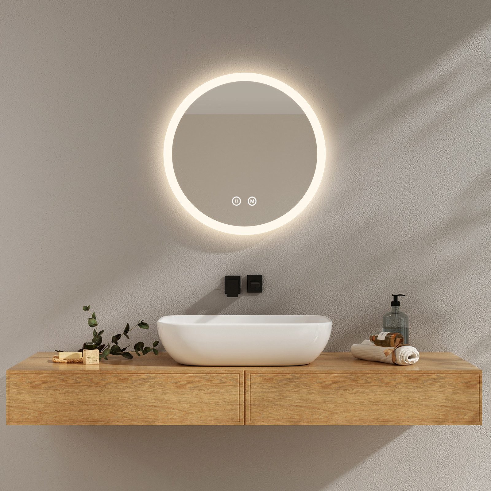 EMKE Badspiegel Rund Rahmen mattiert mit Beleuchtung Antibeschlag (50-80 cm, Touchschalter), Beschlagfrei, Memory-Funktion, 3 Lichtfarben, Dimmbar, IP44