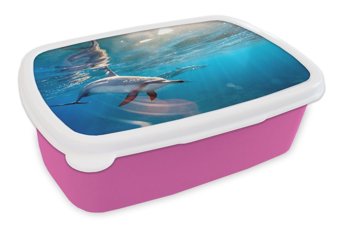 MuchoWow Lunchbox Delphin Erwachsene, Brotbox Kunststoff - Mädchen, Wasser, rosa Kinder, - Sonne Kunststoff, für Brotdose Snackbox, (2-tlg)