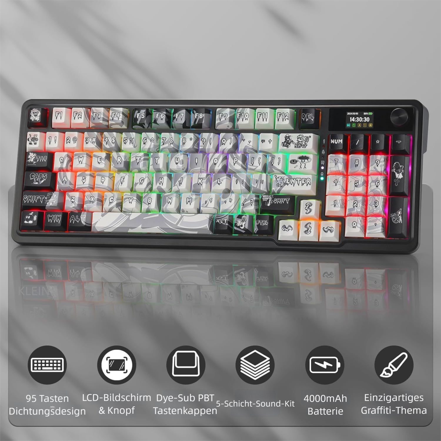 Redragon K719 Mechanische Tastatur, RGB, 2,4 GHz/BT/kabelgebunden Gaming-Tastatur (Litsea-Schalter, Graffiti, mit Bedienfeld)
