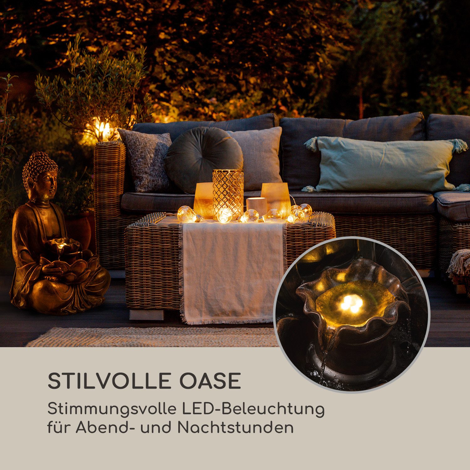 Blumfeldt Dharma solar water feature (set, solar panel, LED lighting and connection material), spring room decorative fountain LED lighting terrace solar outdoor