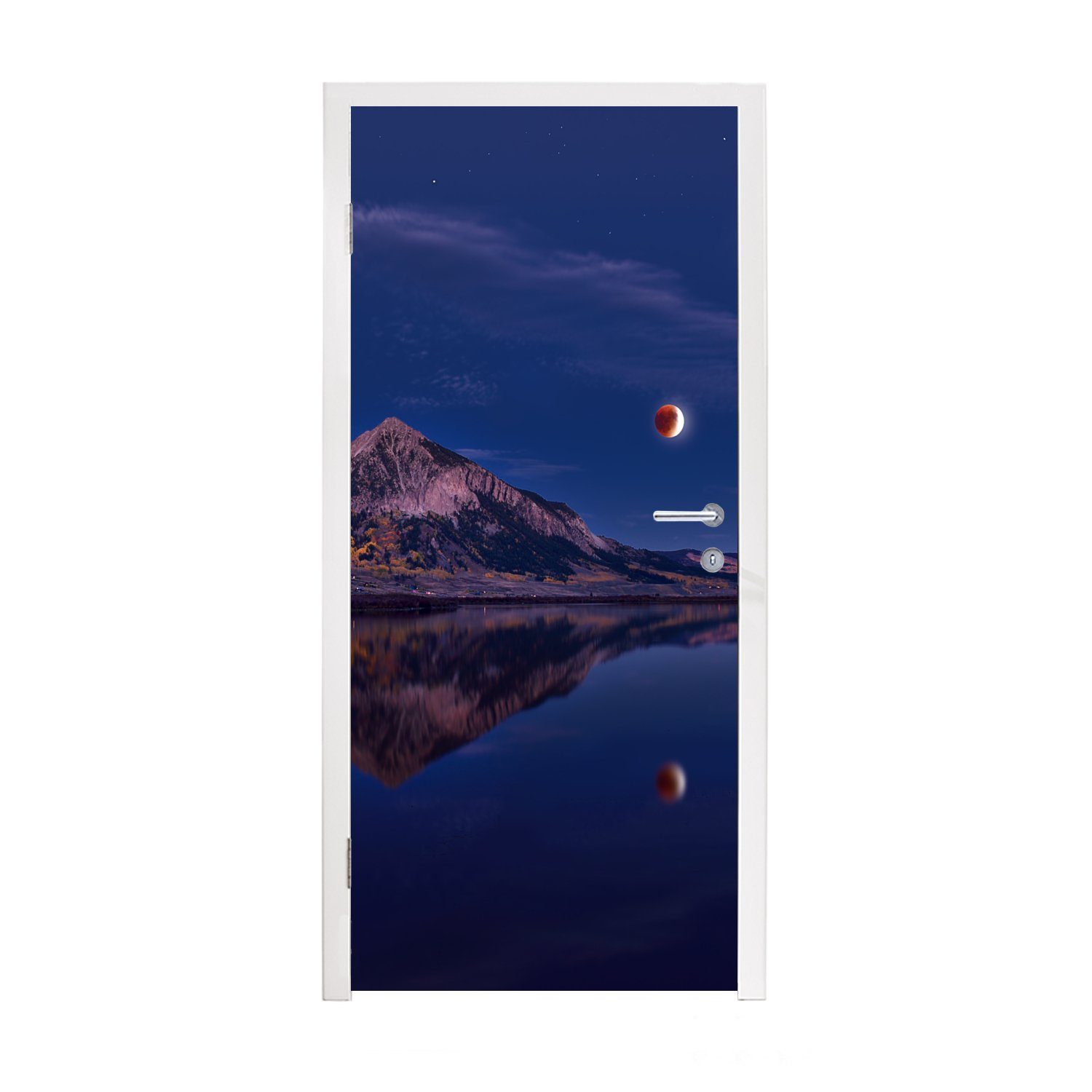 MuchoWow Türtapete Berg - Mond - Wasser, Matt, bedruckt, (1 St), Fototapete für Tür, Türaufkleber, 75x205 cm