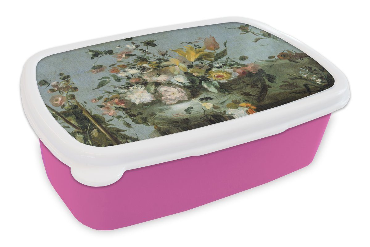 MuchoWow Lunchbox Blumen - Alte Meister - Ölfarbe, Kunststoff, (2-tlg), Brotbox für Erwachsene, Brotdose Kinder, Snackbox, Mädchen, Kunststoff rosa