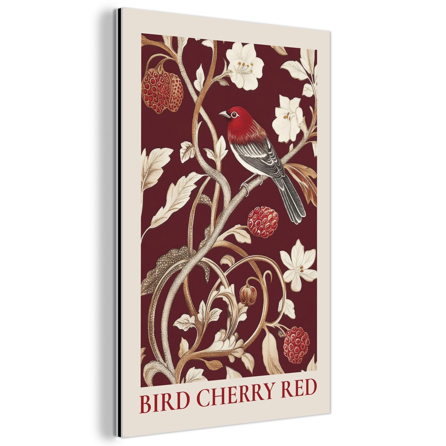 MuchoWow Metallbild Vogel - Bordeaux - Blumen - Beeren, Inkl. Aufhängung, Alu-Dibond-Druck, Dekoration aus Metall, Aluminium deko, 20x30 cm