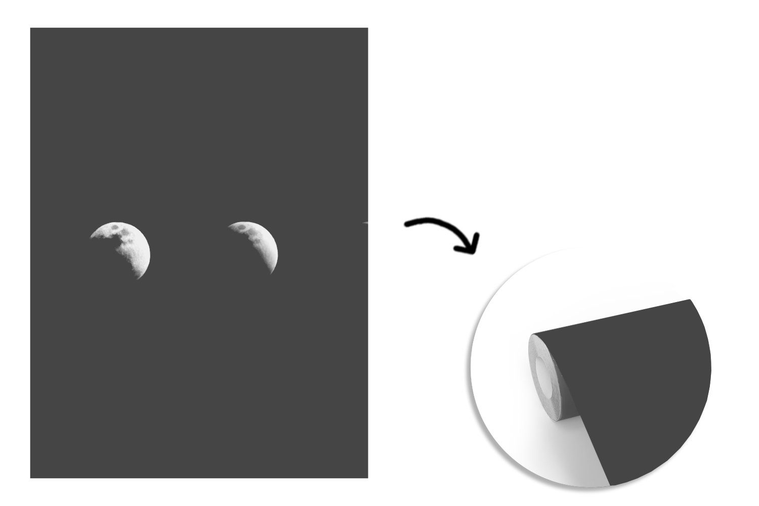 - Montagefertig Tapete Weltraum, bedruckt, St), - - Fototapete - Wandtapete für (4 Vinyl Mondphase Matt, Wohnzimmer, Mond Schwarz MuchoWow Weiß