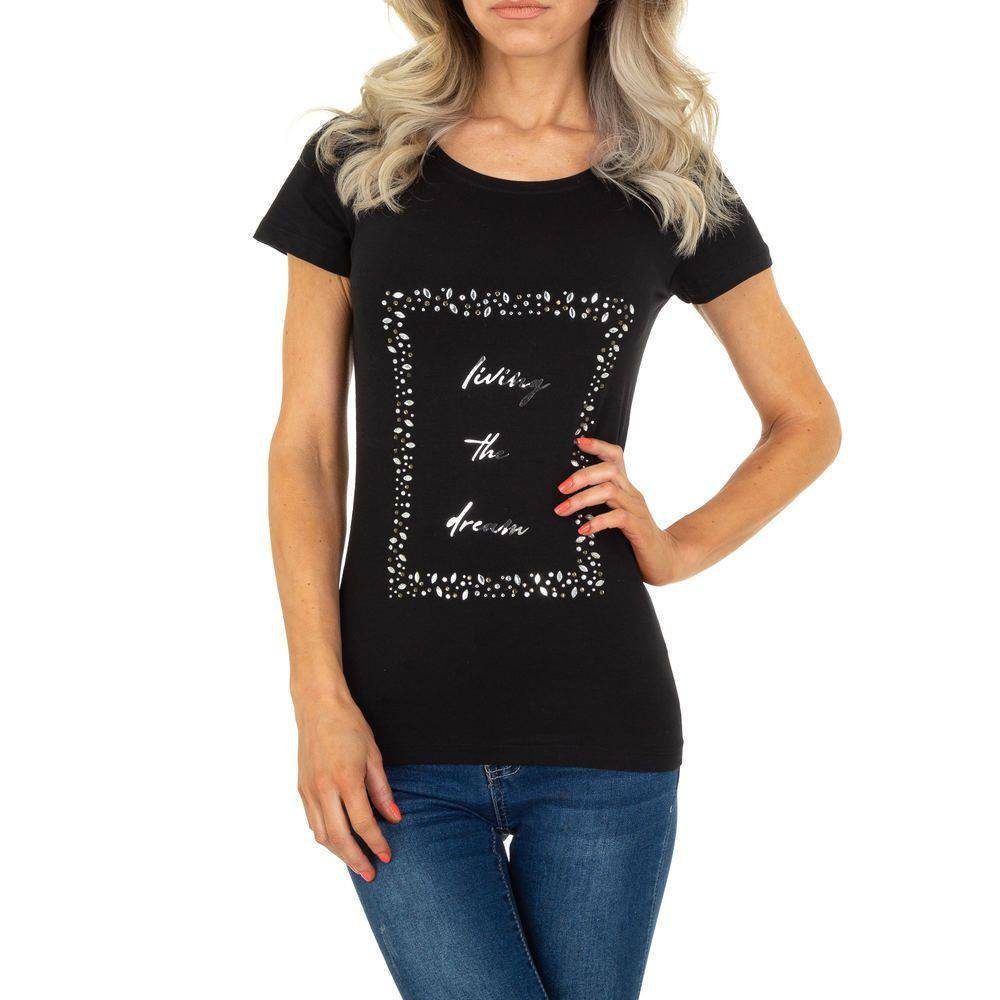 Ital-Design T-Shirt Damen Freizeit Glitzer Print Stretch T-Shirt in Schwarz