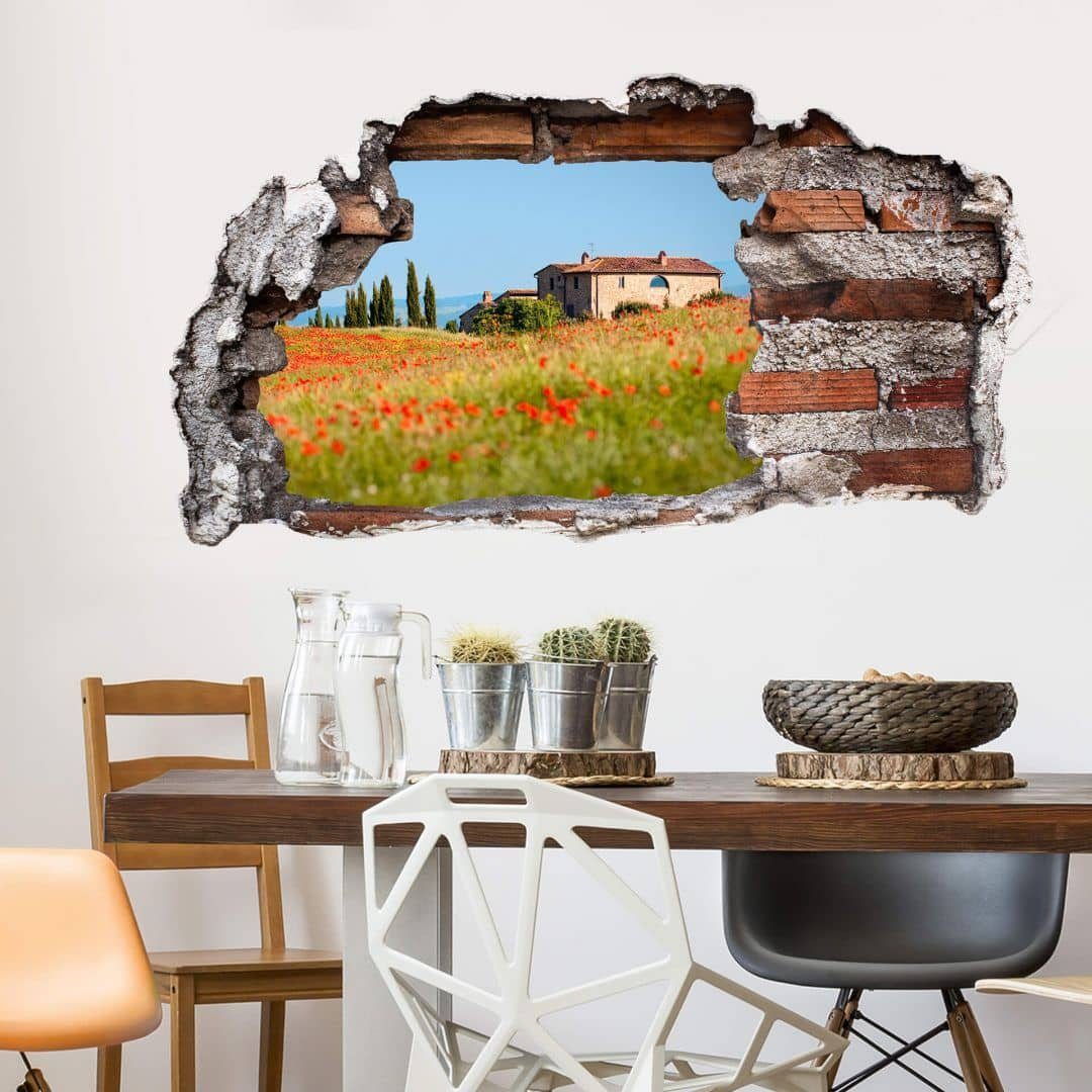 K&L Wall Art Wandtattoo 3D Wandtattoo Blumenwiese Aufkleber Panorama Fotografie Toskana Blumen, Mauerdurchbruch Wandbild selbstklebend