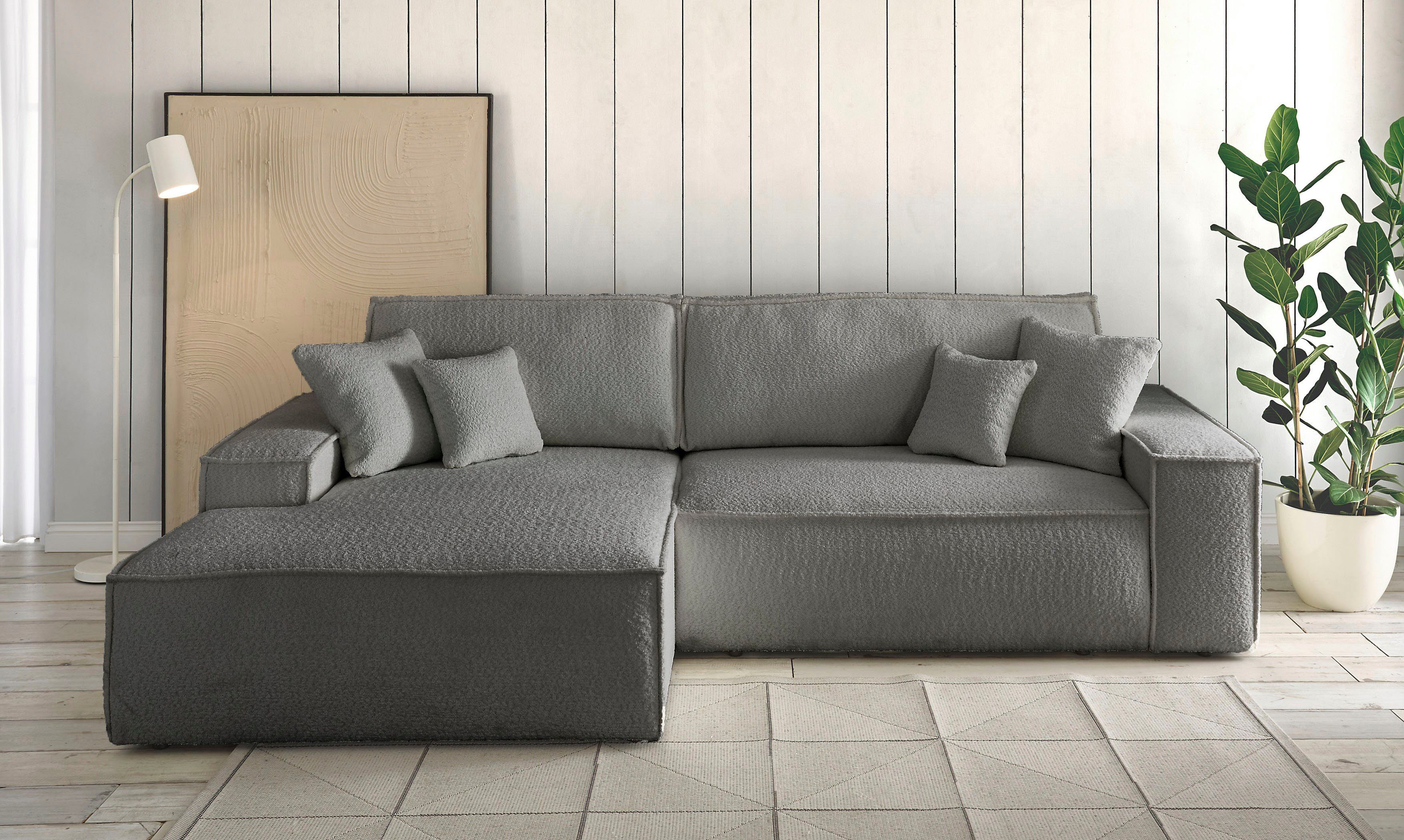 Ecksofa Finnley Schlafsofa 267 cm in Bouclé, Struktur fein u. Cord, L-Form