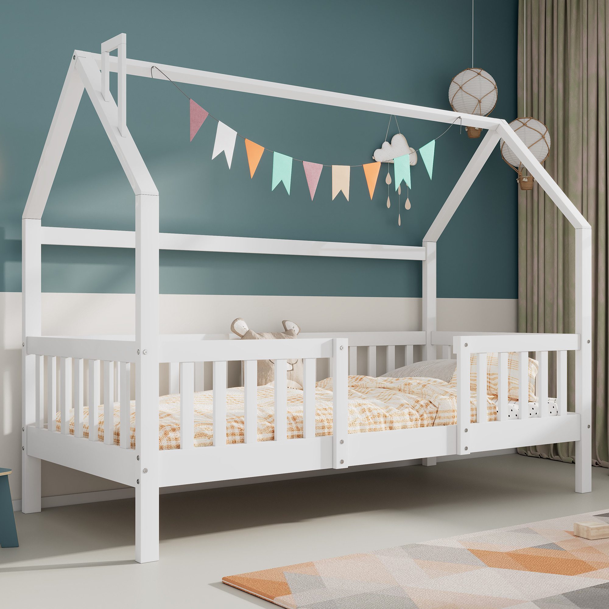Flieks Kinderbett (1-tlg), Kiefer Einzelbett Hausbett mit Lattenrost 90x200 günstig online kaufen