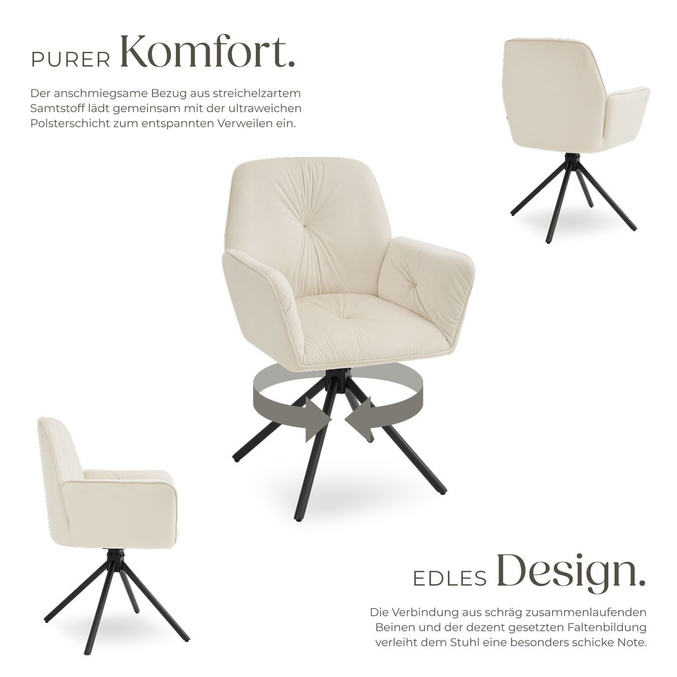 tectake Esszimmerstuhl Drehbarer Armlehnstuhl Daya, in Samtoptik, gepolstert (Set, 2 St), Dicke Polsterung der Sitzfläche sowie der Arm- und Rückenlehne