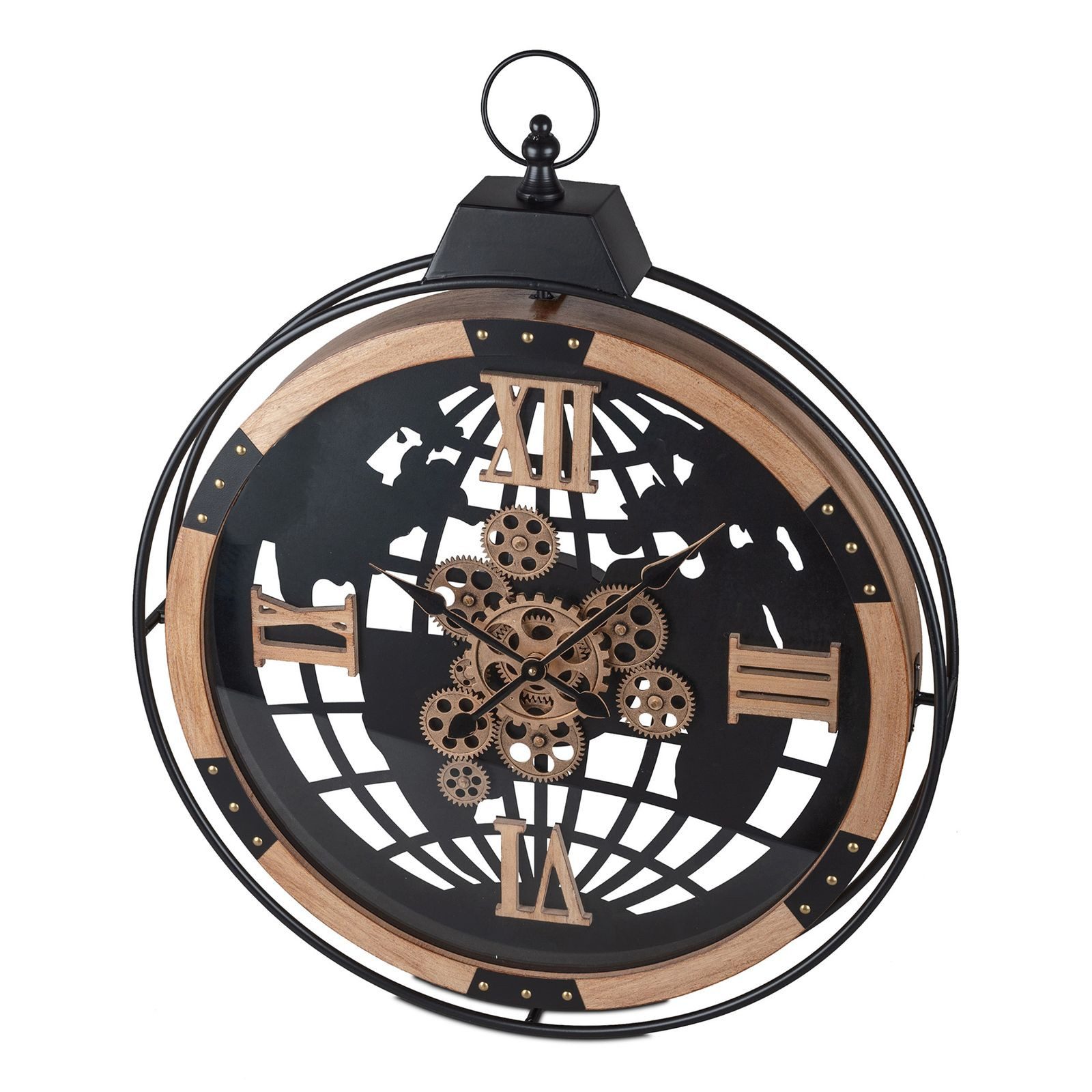 Wanduhr XXL Weltkarte 82 cm Metall / Holz Uhr mit beweglichen Zahnrädern
