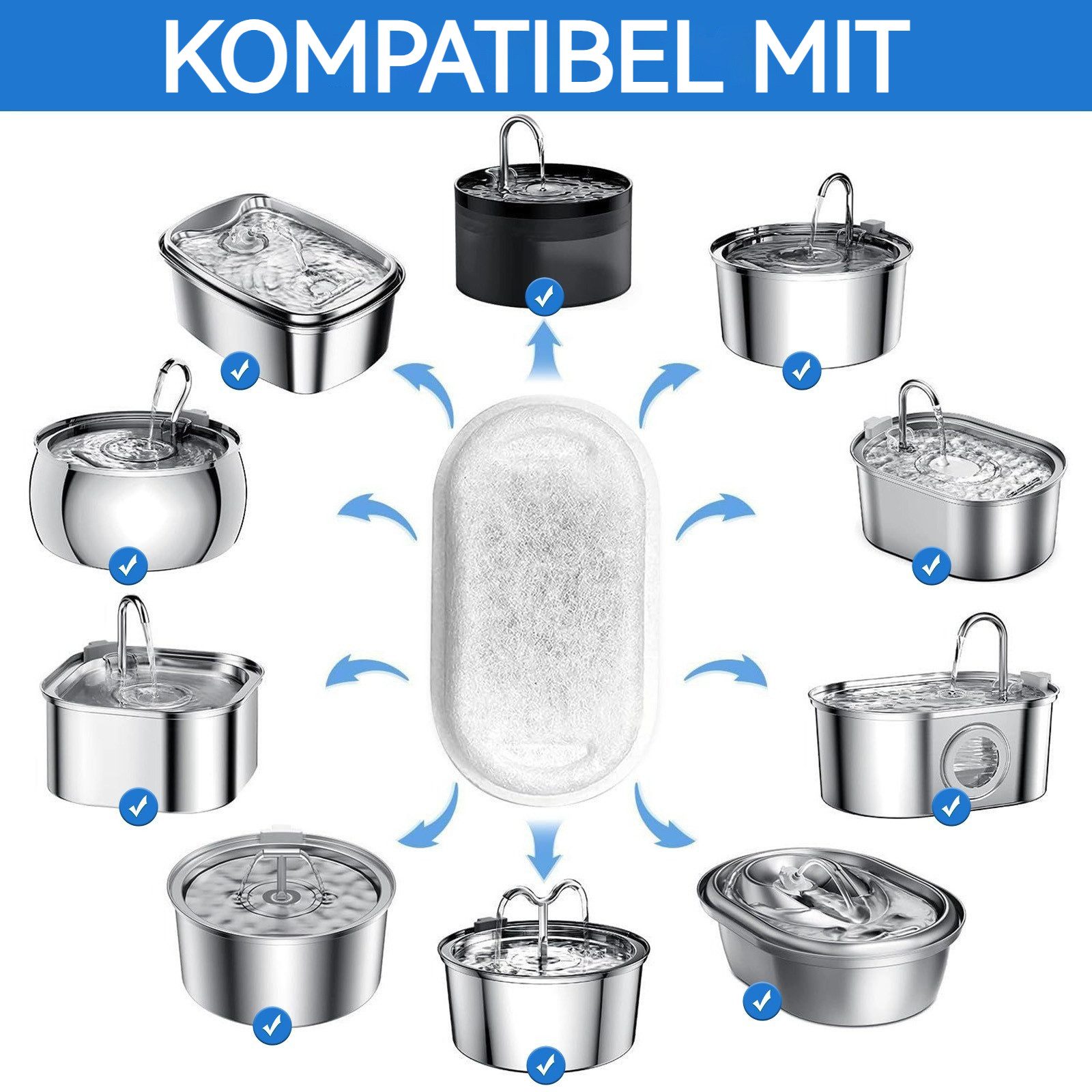 BlingBin Ersatzfilter Katzenbrunnen Filter für 3.2L und 2L Edelstahl Trinkbrunnen Katzen, Zubehör für 108 Unzen/3,2 l und 67 Unzen/2L Edelstahlkatze Trinkheizung, 8 Stück Kohlefilter und 8 Stück Schaumfilter