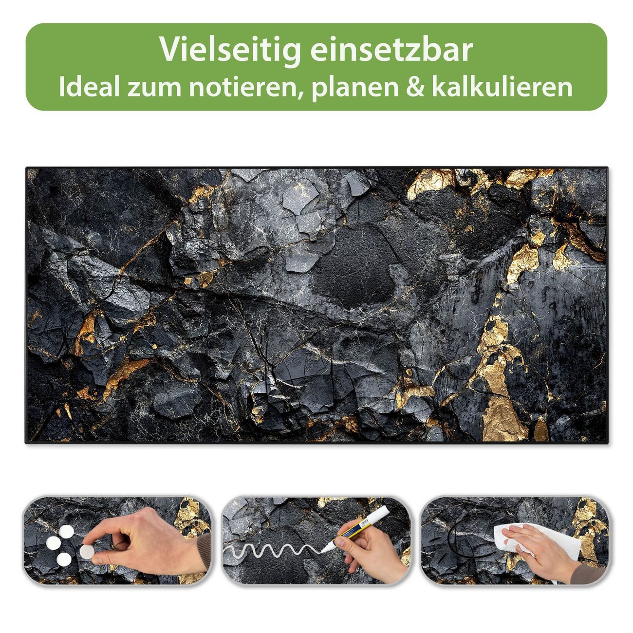 banjado Magnettafel Schwarz aus Stahl Querformat mit Motiv Schwarzer Marmor mit Gold 1, (inkl. 4 Magnete, Stahlmagnettafel)
