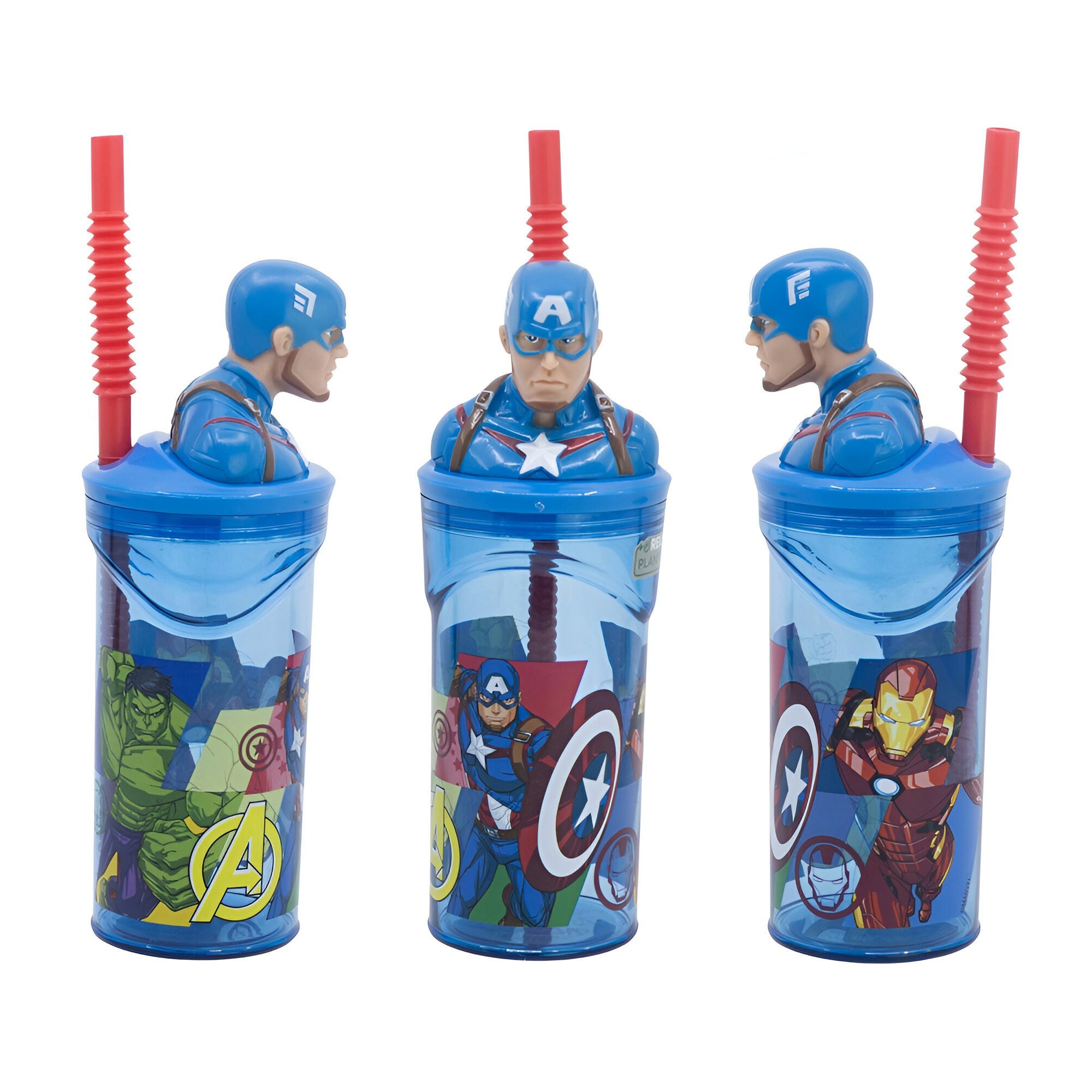 MARVEL Кружки Marvel Captain America 3D Deckel Trinkbecher mit integriertem Halm, 360 ml