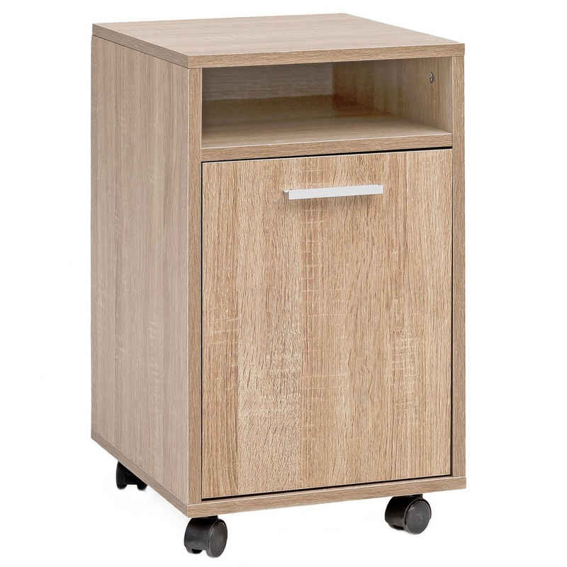 FINEBUY Rollcontainer SuVa16398_1, (Bürocontainer Sonoma 33x60x38, Beistellcontainer), Moderner Schreibtischcontainer mit Rollen und Tür