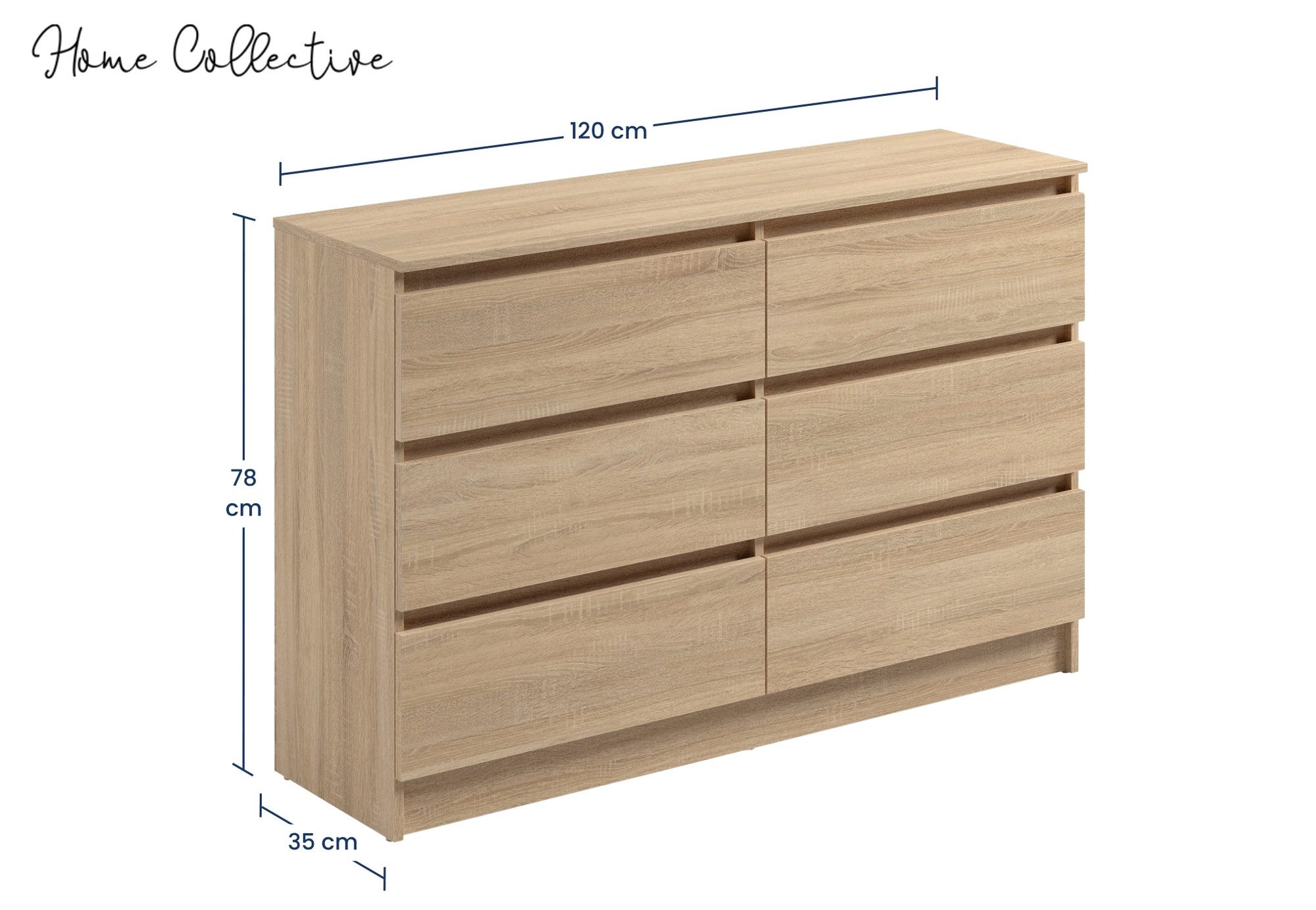 Home Collective Kommode mit 6 Schubladen 95, 120, 140, 160 cm breit Holz Schrank (Highboard Anrichte Schlafzimmer Wohnzimmer Flur Büro Organizer), Kommode 120 cm breit Kommode Sideboard, Sonoma