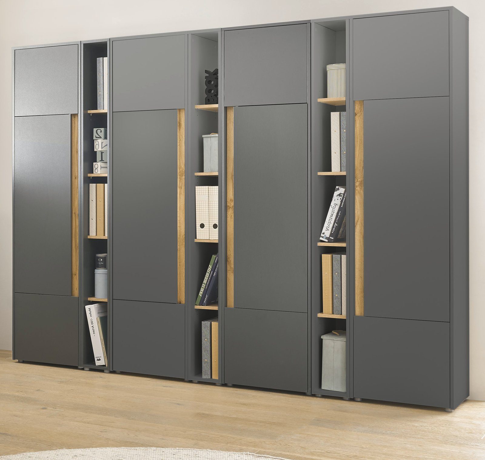 IMV Aktenschrank Center (Schrank-Set 7-teilig in grau mit Wotan Eiche, 260 x 200 cm) 20 Stauraumfächer