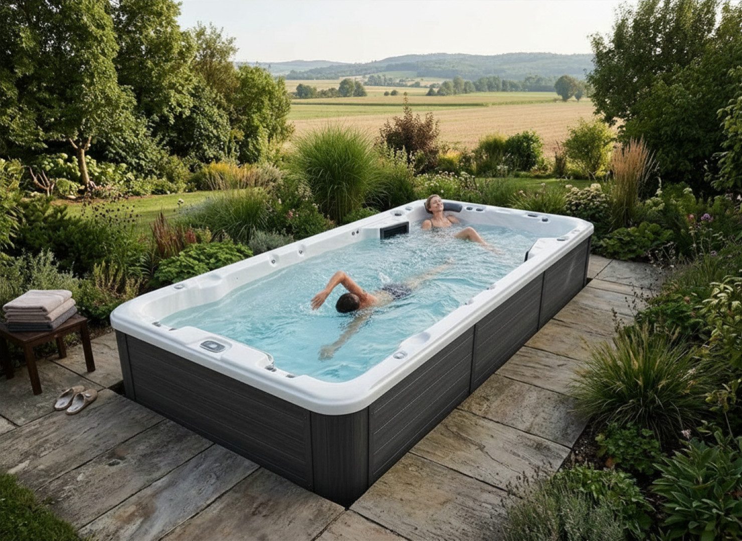 SPA Kompagniet Whirlpool Scandinavic Wood Art "Tilos" Swim Spa mit Gegenstromanlage 450x230 cm, Aufstellbecken, (Komplett mit Gegenstromanlage, Thermo-Cover, 4 Filtern und LED-Licht), Swim Spa mit 36 Wasser- und 21 Luftdüsen
