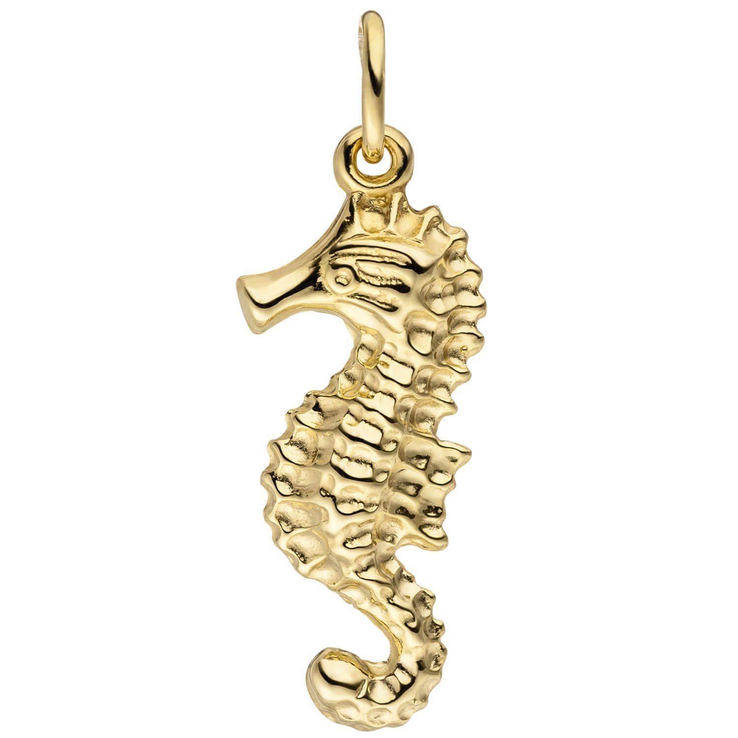Schmuck Krone Kettenanhänger Anhänger Halsschmuck Seepferdchen mit Struktur aus 333 Gold Gelbgold, Gold 333