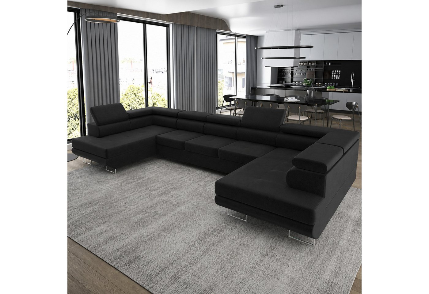 Goldstoff Wohnlandschaft "ASTON" U Form mit Schlaffunktion XXL Couch Sofa, Komfortable U Form Couch mit Bettkasten und Schlaffunktion 1 Teile, U Form Sofa mit Bettkasten moderne Wohnlandschaft Couch XXL