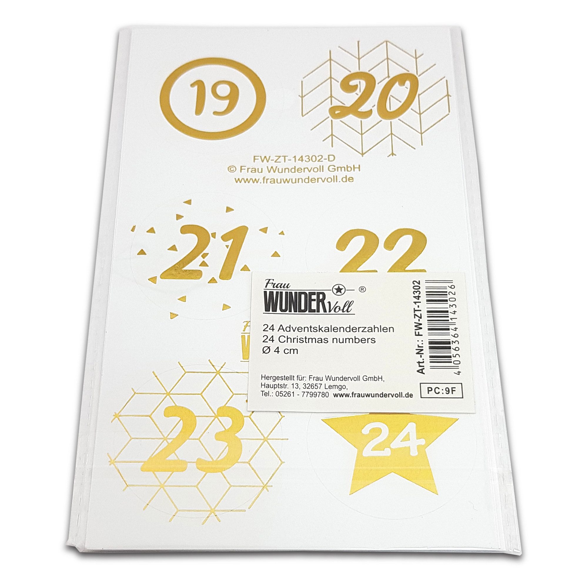 Frau WUNDERVoll Sticker 48 Adventskalenderzahlen für 2 Kalender weiß, gold, Ø 4 cm, (48-tlg)