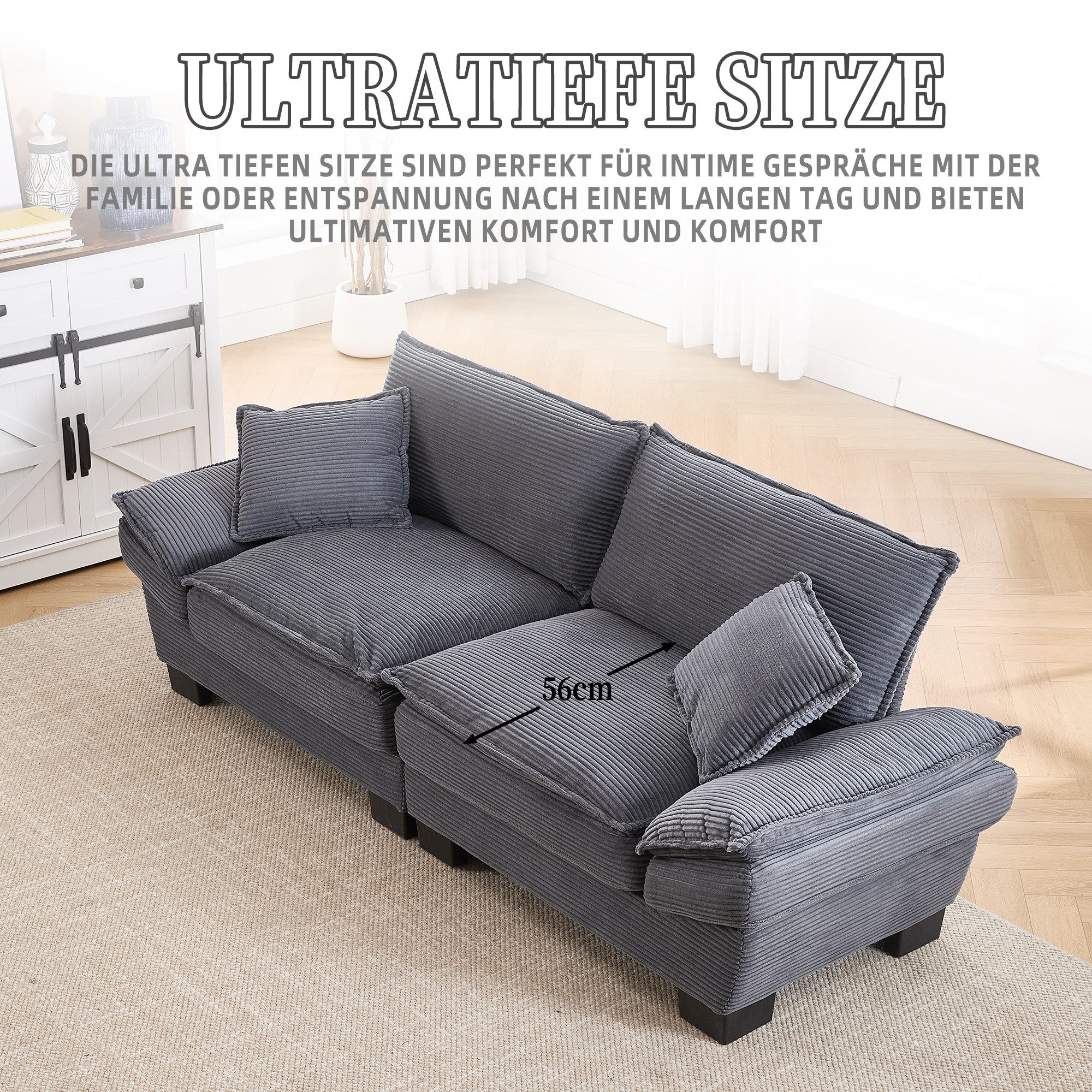 KLAM HOME Sofa 2-Sitzer Doppelsofa Loungesofa aus Cordstoff mit Relaxfunktion, Stabiler Holzrahmen, Weich, Bequem, Funktional & Platzsparend, ideal für Wohnzimmer & Schlafzimmer & Büro