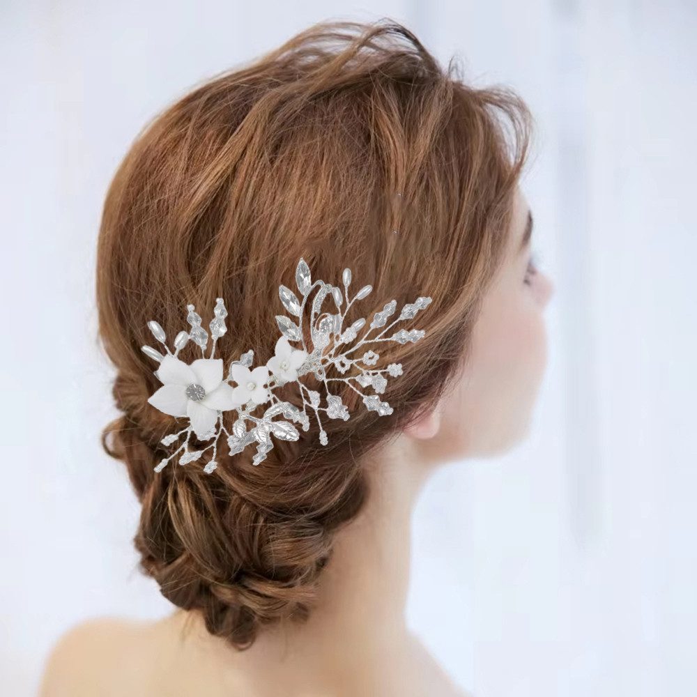 MOPUEA Haarnadel Diadem Haarspange Perle Braut Haarschmuck Strass Brautschmuck Blume, Haarspange Strass Clip Kopfschmuck Kristall Braut Haarschmuck, 1-tlg., Haar Reben Blume Blatt eleganter Kopfschmuck für Braut Brautjungfer, weiße Blumen Ideal für Hochzeiten, Bälle und besondere Anlässe