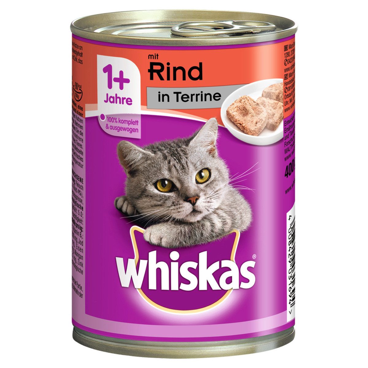 Whiskas 1+ mit Rind in Terrine 400 g - 12 Stück, Nassfutter für: Katze