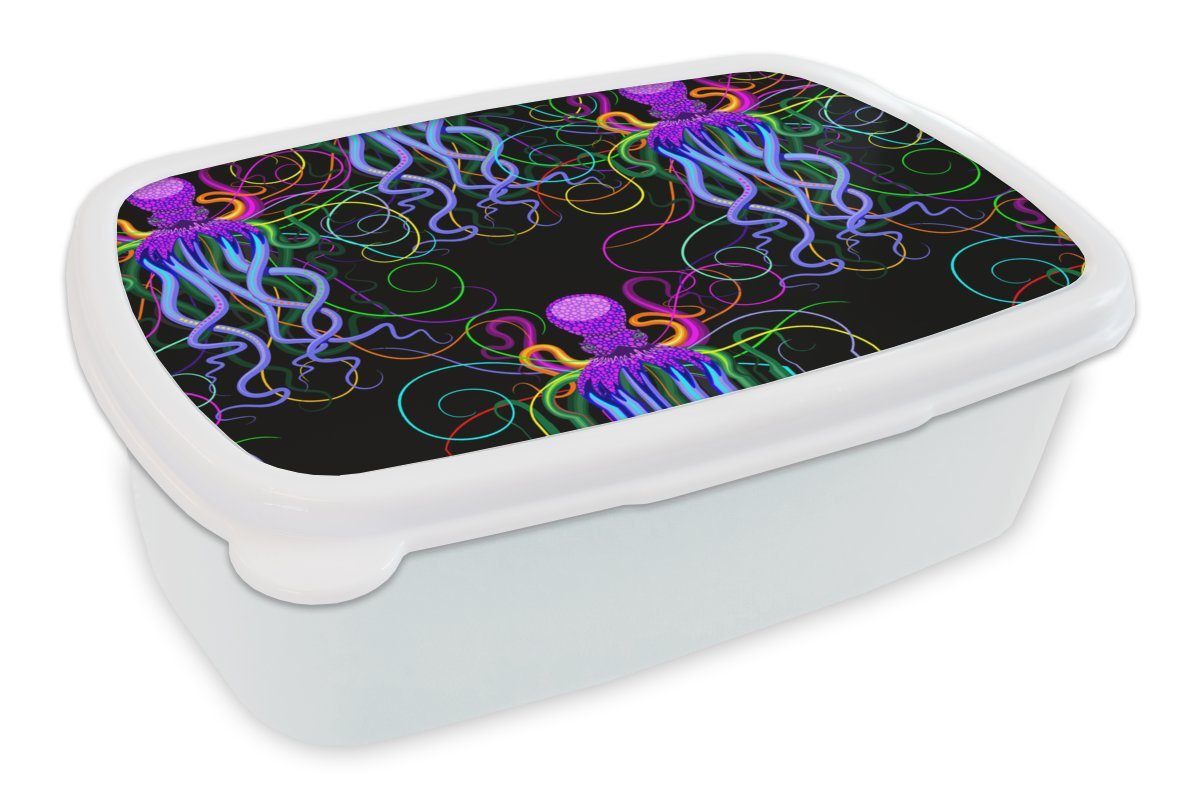 MuchoWow Lunchbox Oktopus - Regenbogen - Neon - Abstrakt - Muster, Kunststoff, (2-tlg), Brotbox für Kinder und Erwachsene, Brotdose, für Jungs und Mädchen weiß