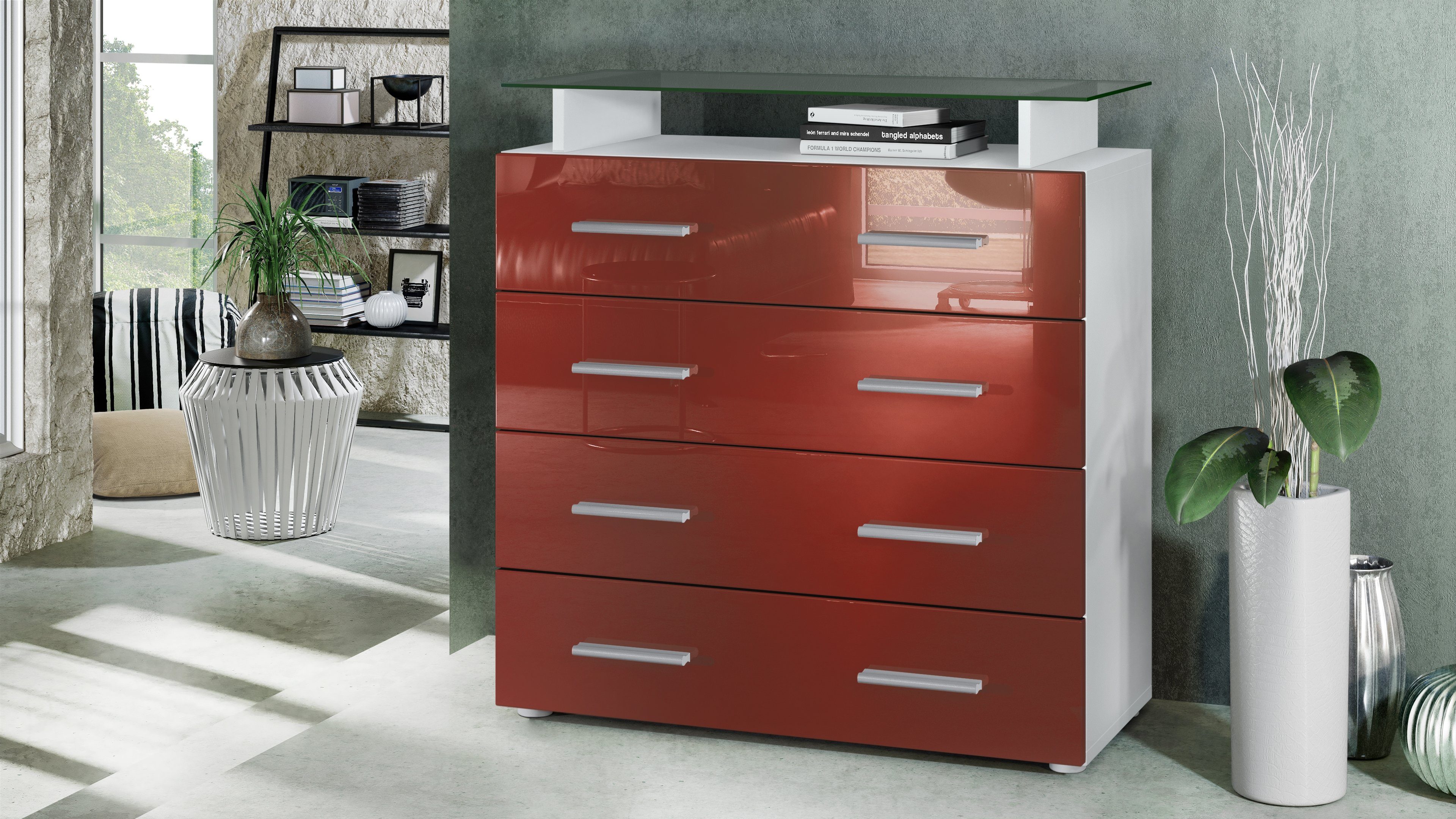 Vladon Kommode Pavos V2 (Kommode, mit 4 Schubladen und Glasablage), Weiß matt/Bordeaux Hochglanz (76 x 81 x 35 cm)